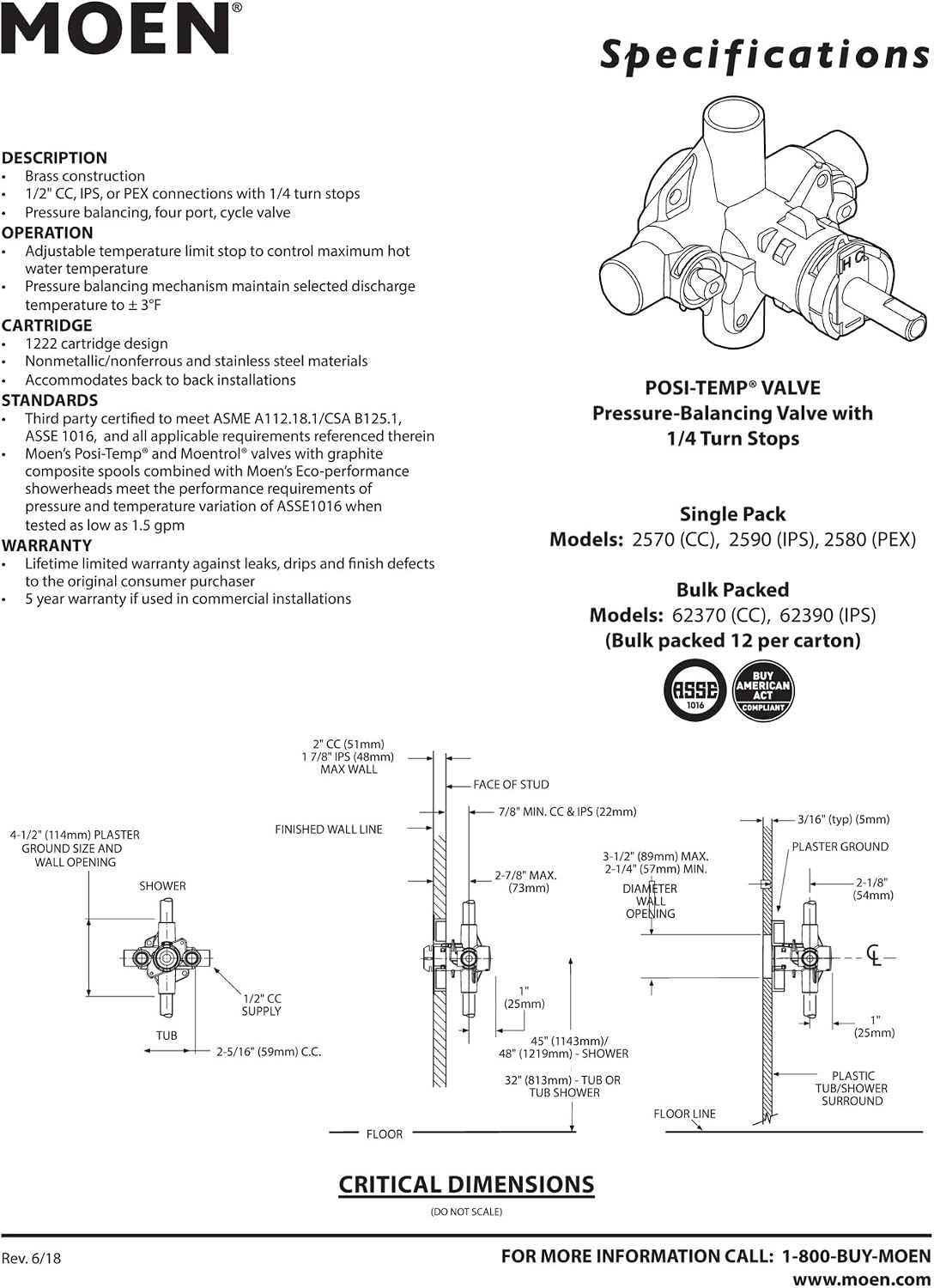 image:imageMoen PosiTemp Rough In Pressure Balancing Cycling Shower Valve with Stops 259005 Pack of 6
