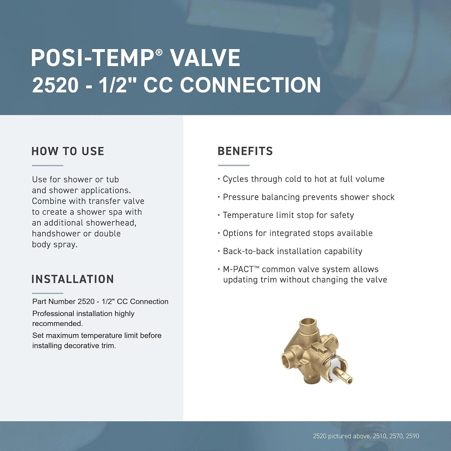 image:imageMoen PosiTemp Rough In Pressure Balancing Shower Valve 12 CC Connection Part Number 252005