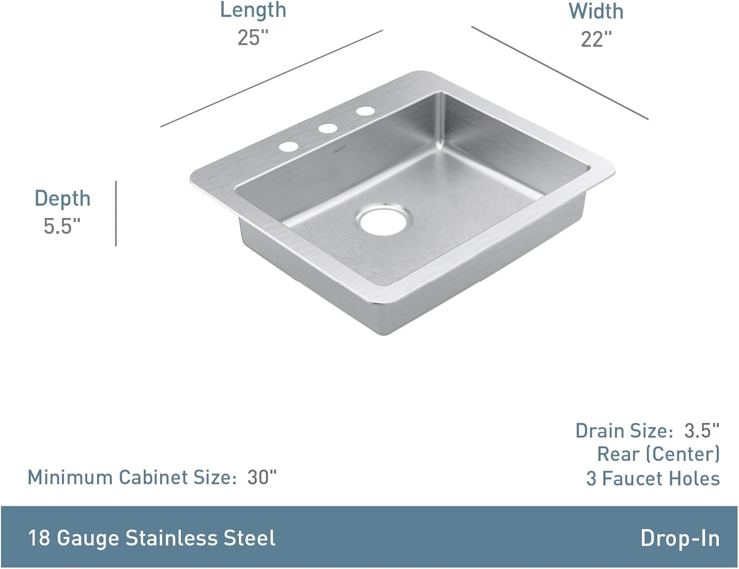 image:imageMoen Prep 18Gauge Stainless Steel DropIn 25 x 22 x 55 Single Bowl Kitchen Sink with Rear Drain GS181733B