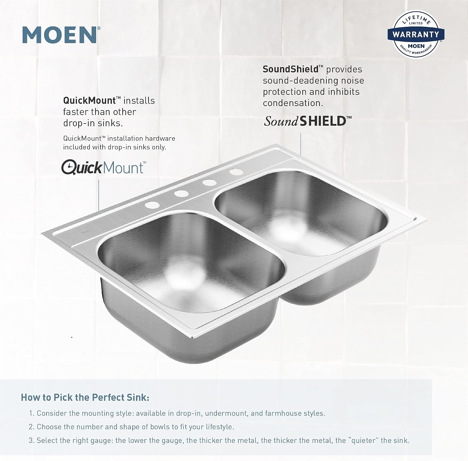 image:imageMoen Prep 18Gauge Stainless Steel Undermount 29 x 18 Double Bowl Kitchen Sink G18288