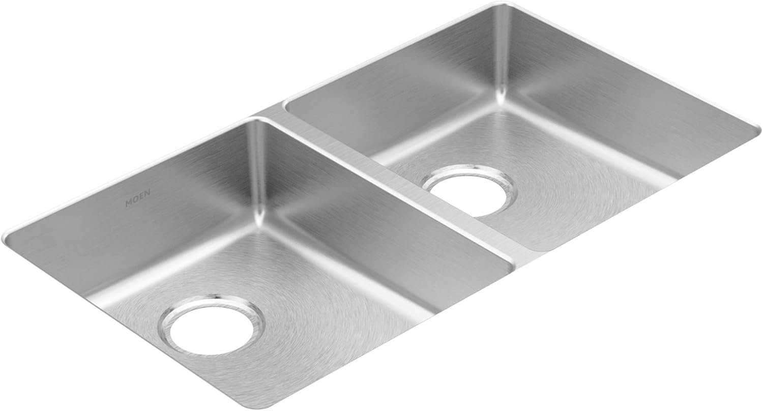 image:imageMoen Prep 18Gauge Stainless Steel Undermount 3175 x 185 x 55 Double Bowl Kitchen Sink with Rear Drains GS18260B