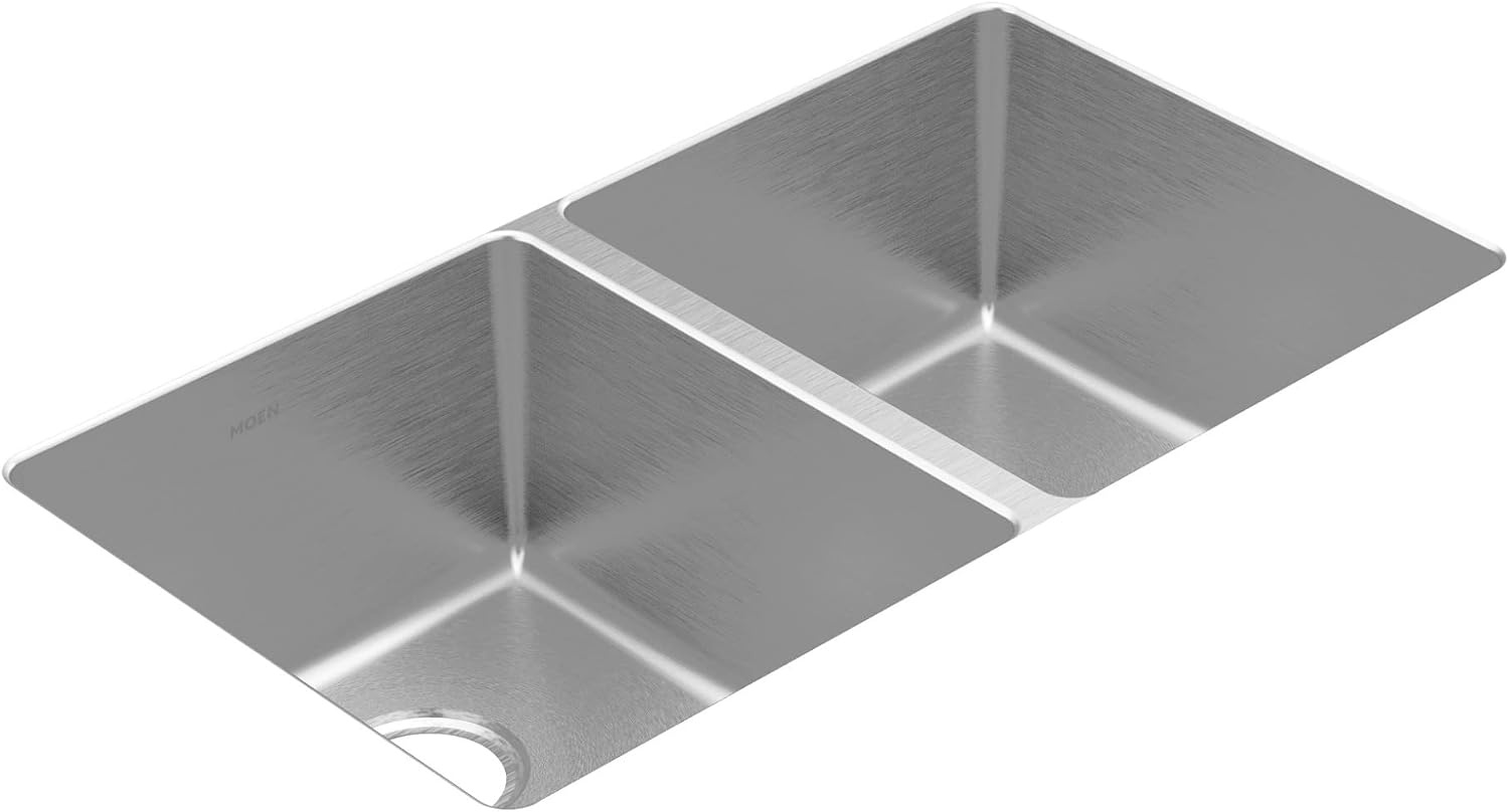 image:imageMoen Prep 18Gauge Stainless Steel Undermount 3175 x 185 x 9 Double Bowl Kitchen Sink with Rear Drains GS18259B