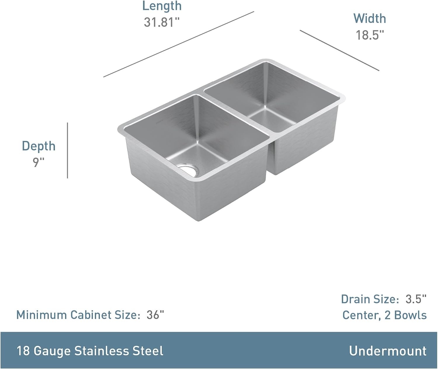 image:imageMoen Prep 18Gauge Stainless Steel Undermount 3175 x 185 x 9 Double Bowl Kitchen Sink with Rear Drains GS18259B
