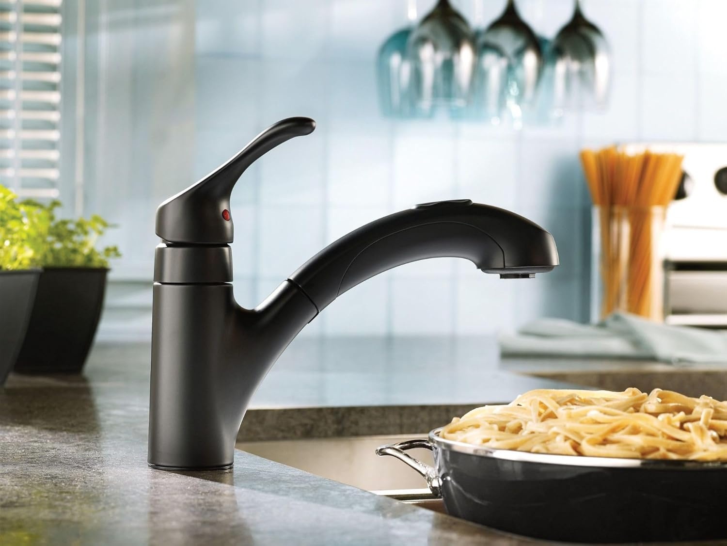 image:imageMoen Renzo Matte Black OneHandle Pullout Kitchen or Laundry Faucet Featuring Power Clean CA87316BL