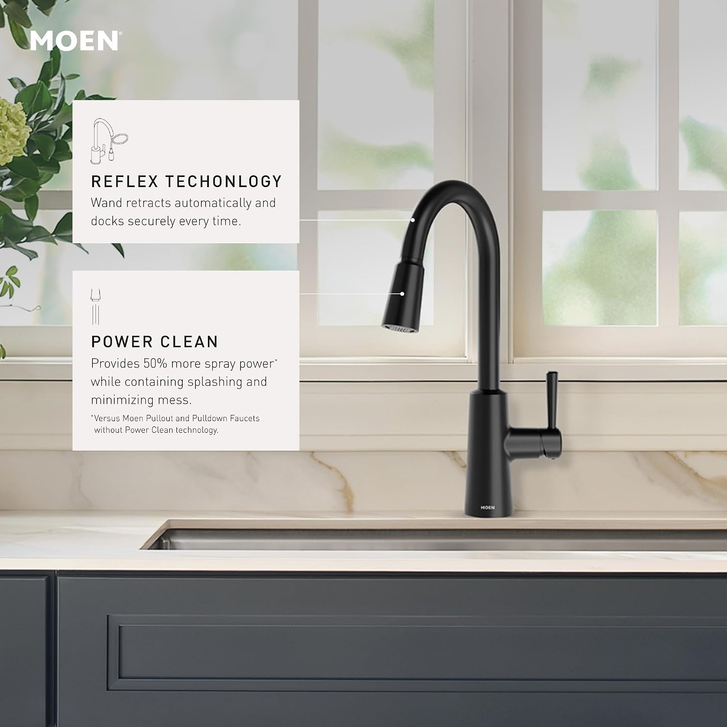 image:imageMoen Riley Chrome OneHandle Pulldown Kitchen Faucet Featuring Power Clean and Reflex Docking System for the Spray Head Modern Kitchen Sink Faucet 7402CMatte Black