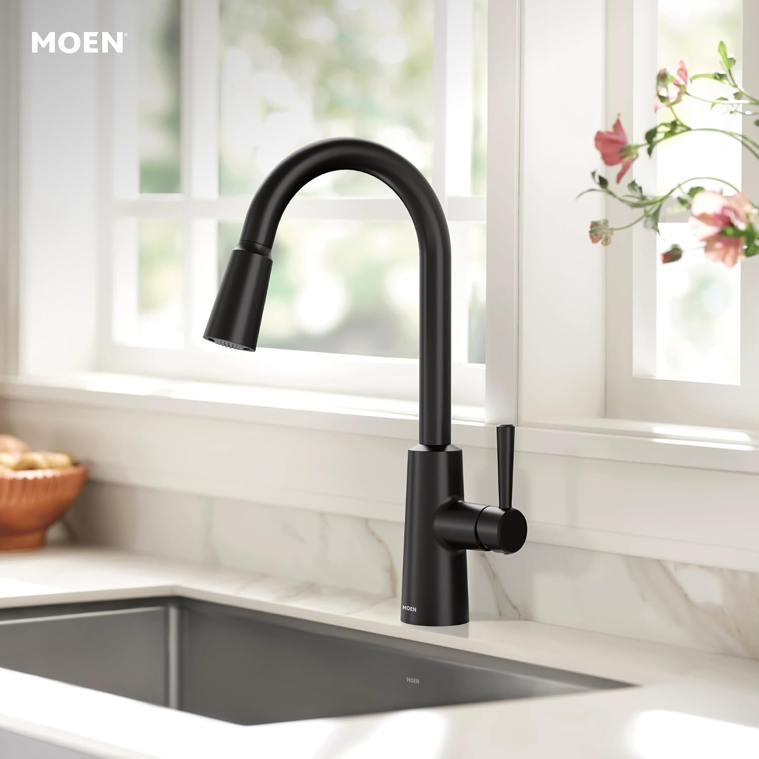image:imageMoen Riley Chrome OneHandle Pulldown Kitchen Faucet Featuring Power Clean and Reflex Docking System for the Spray Head Modern Kitchen Sink Faucet 7402CMatte Black