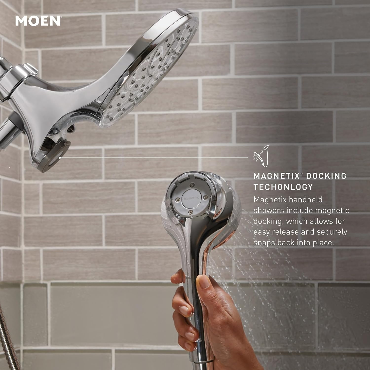 image:imageMoen Ronan Spot Resist Brushed Nickel SingleHandle Modern Tub and Shower Faucet with Round Handheld Rain Shower Spray Head Featuring Magnetix Valve Included 82021SRNMatte Black