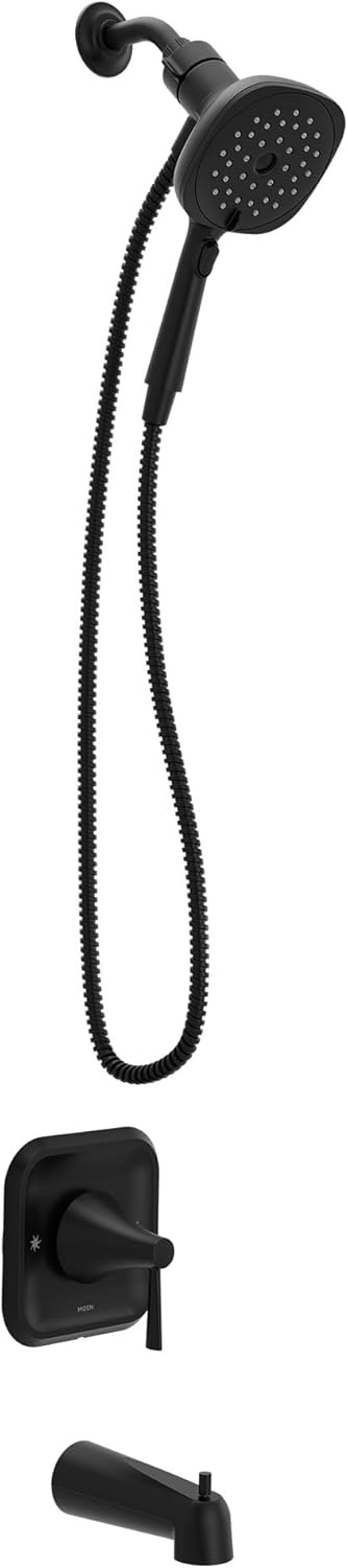 image:imageMoen Ronan Spot Resist Brushed Nickel SingleHandle Modern Tub and Shower Faucet with Round Handheld Rain Shower Spray Head Featuring Magnetix Valve Included 82021SRNMatte Black