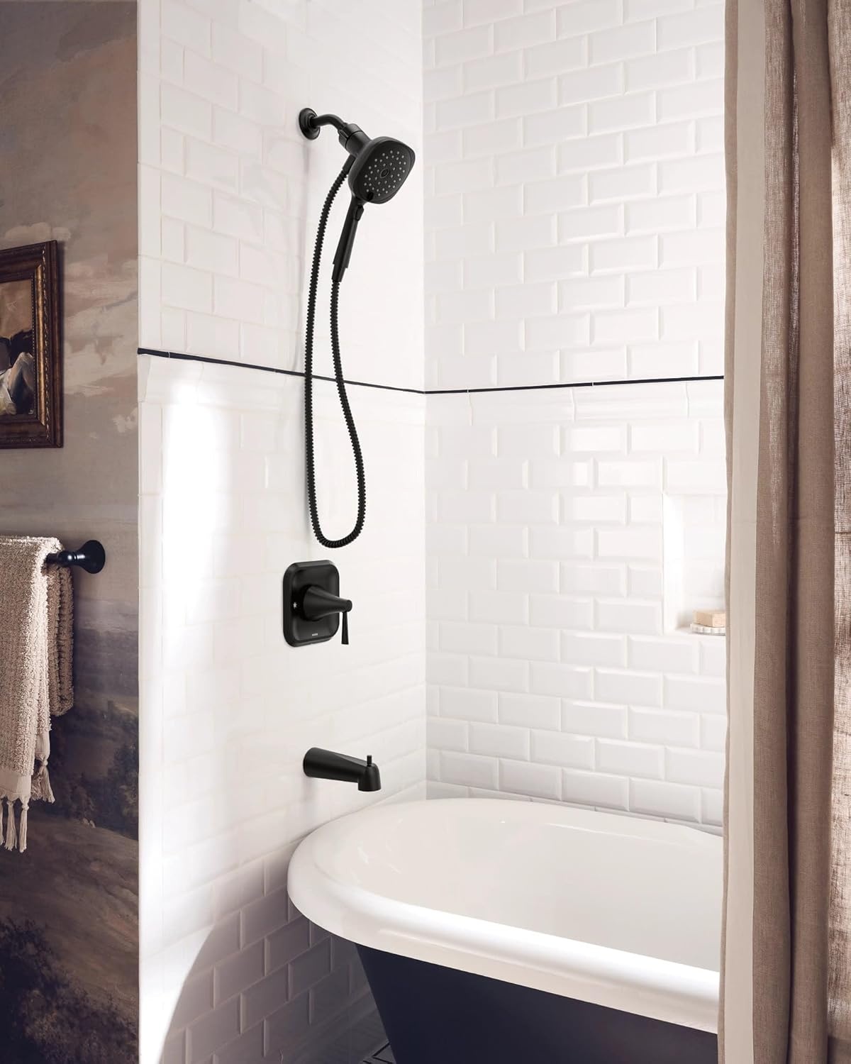 image:imageMoen Ronan Spot Resist Brushed Nickel SingleHandle Modern Tub and Shower Faucet with Round Handheld Rain Shower Spray Head Featuring Magnetix Valve Included 82021SRNMatte Black