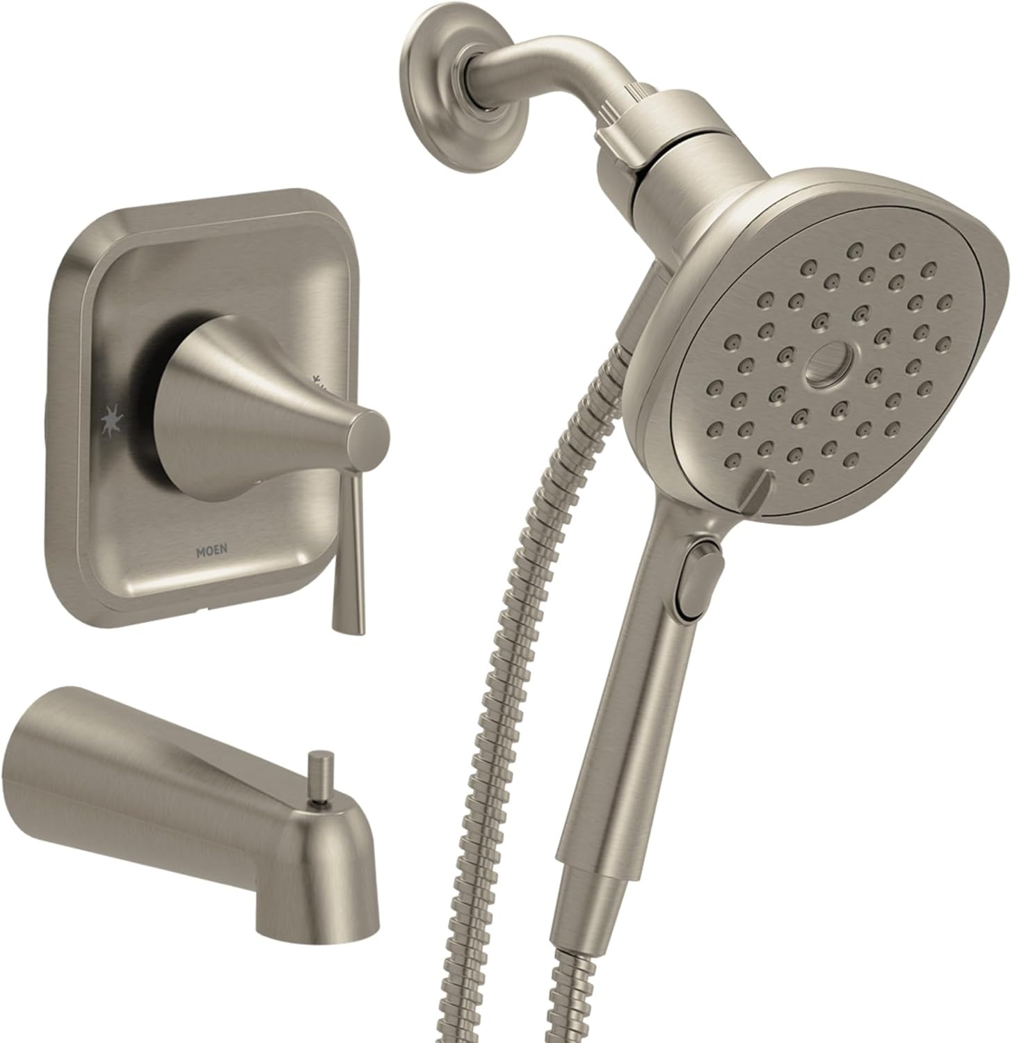 image:imageMoen Ronan Spot Resist Brushed Nickel SingleHandle Modern Tub and Shower Faucet with Round Handheld Rain Shower Spray Head Featuring Magnetix Valve Included 82021SRNBrushed Nickel