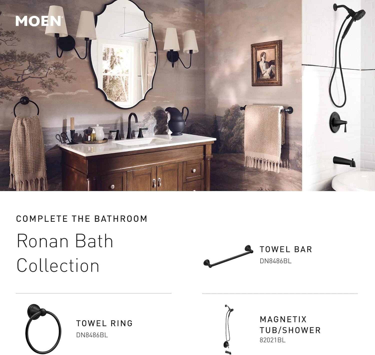 image:imageMoen Ronan Spot Resist Brushed Nickel SingleHandle Modern Tub and Shower Faucet with Round Handheld Rain Shower Spray Head Featuring Magnetix Valve Included 82021SRNMatte Black