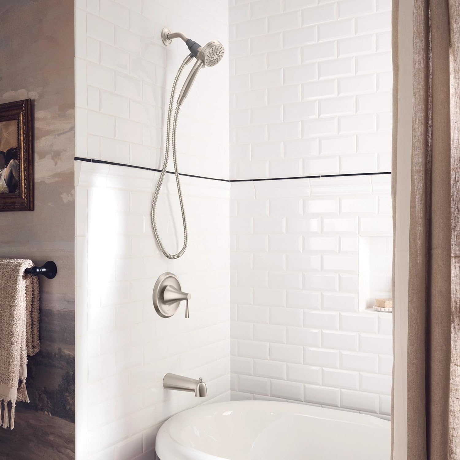 image:imageMoen Ronan Spot Resist Brushed Nickel SingleHandle Modern Tub and Shower Faucet with Round Handheld Rain Shower Spray Head Featuring Magnetix Valve Included 82021SRNChrome