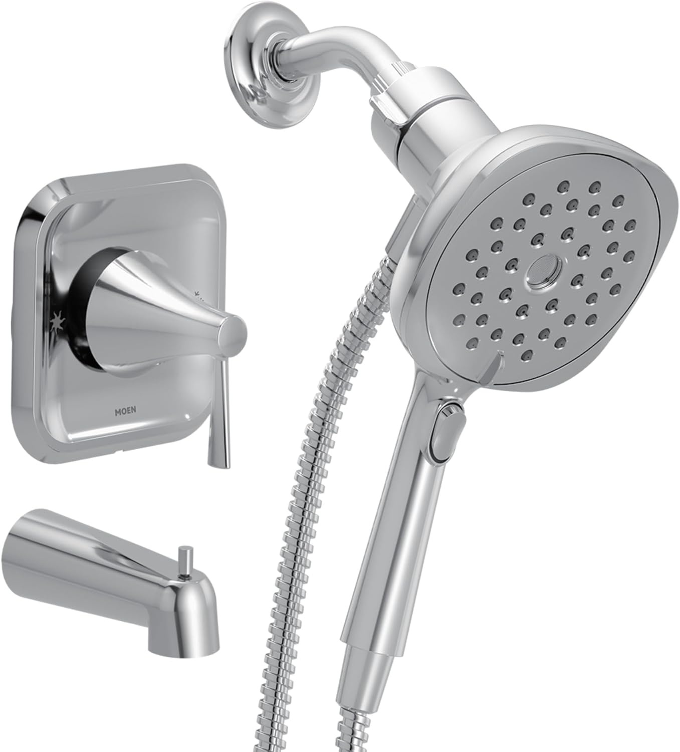 image:imageMoen Ronan Spot Resist Brushed Nickel SingleHandle Modern Tub and Shower Faucet with Round Handheld Rain Shower Spray Head Featuring Magnetix Valve Included 82021SRNChrome