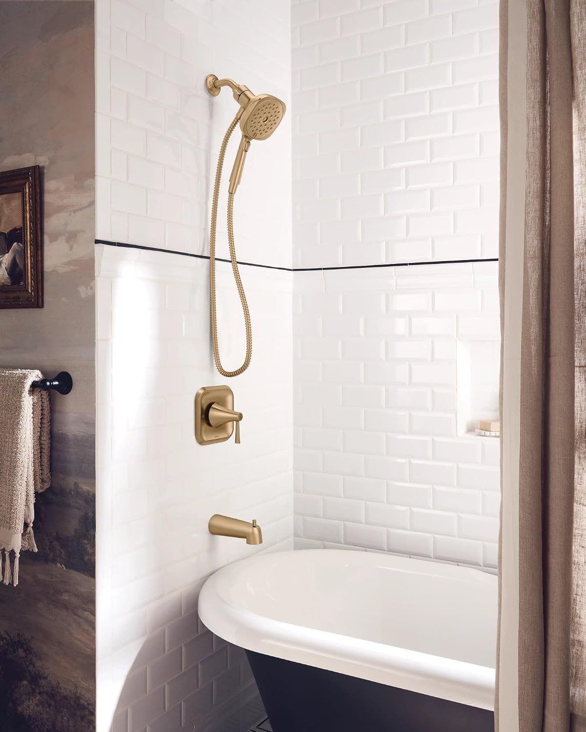 image:imageMoen Ronan Spot Resist Brushed Nickel SingleHandle Modern Tub and Shower Faucet with Round Handheld Rain Shower Spray Head Featuring Magnetix Valve Included 82021SRNBronzed Gold