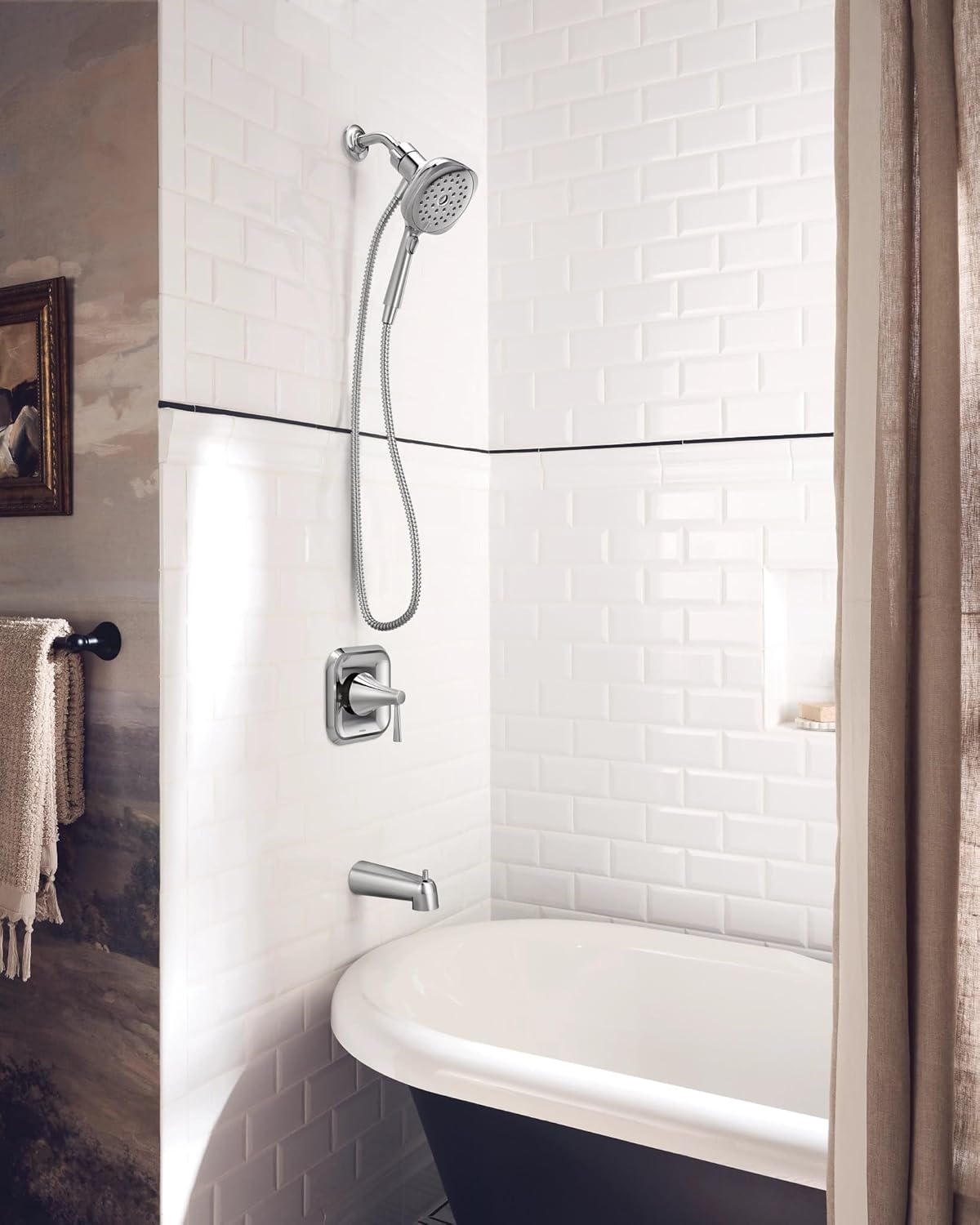 image:imageMoen Ronan Spot Resist Brushed Nickel SingleHandle Modern Tub and Shower Faucet with Round Handheld Rain Shower Spray Head Featuring Magnetix Valve Included 82021SRNChrome