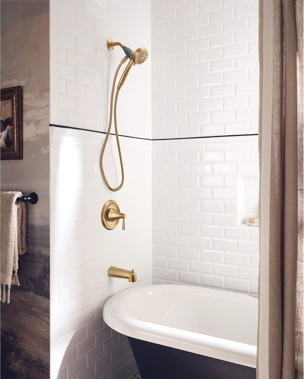 image:imageMoen Ronan Spot Resist Brushed Nickel SingleHandle Modern Tub and Shower Faucet with Round Handheld Rain Shower Spray Head Featuring Magnetix Valve Included 82021SRNBronzed Gold