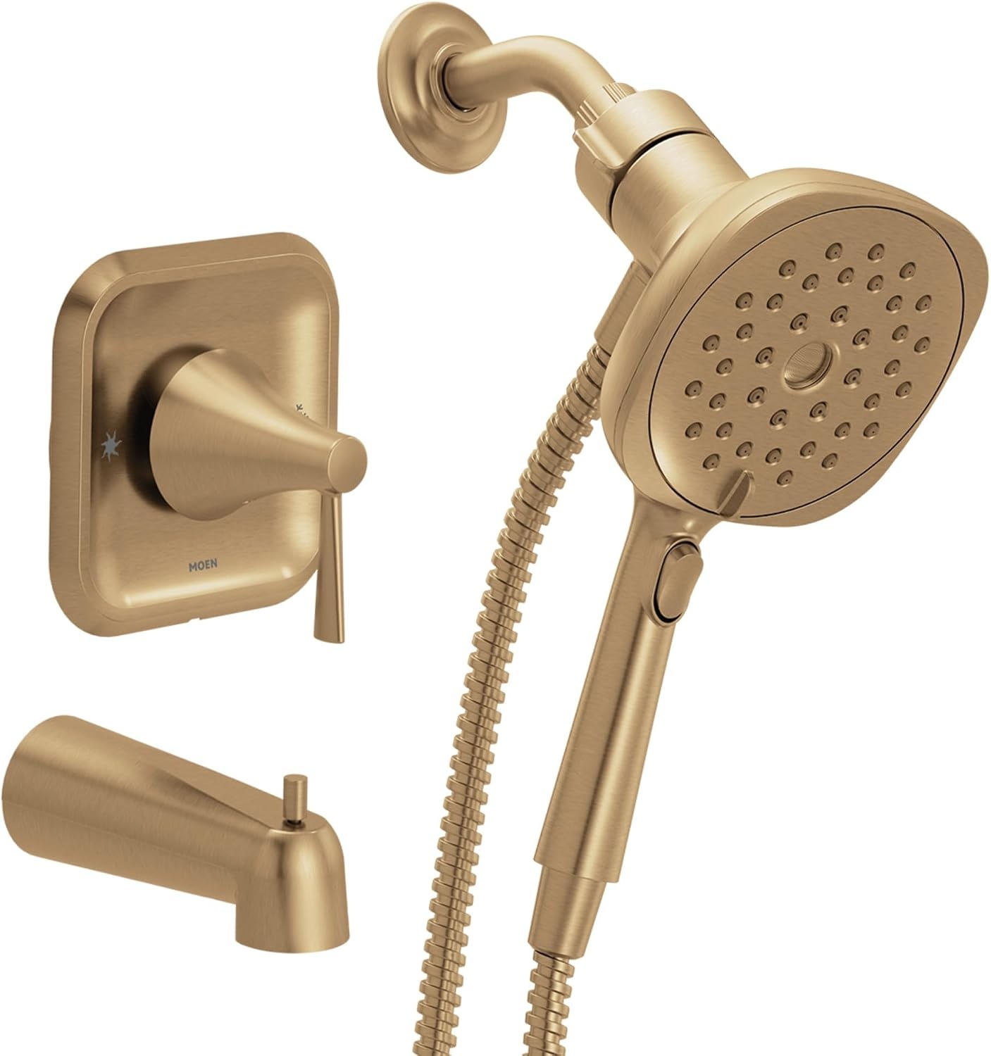 image:imageMoen Ronan Spot Resist Brushed Nickel SingleHandle Modern Tub and Shower Faucet with Round Handheld Rain Shower Spray Head Featuring Magnetix Valve Included 82021SRNBronzed Gold