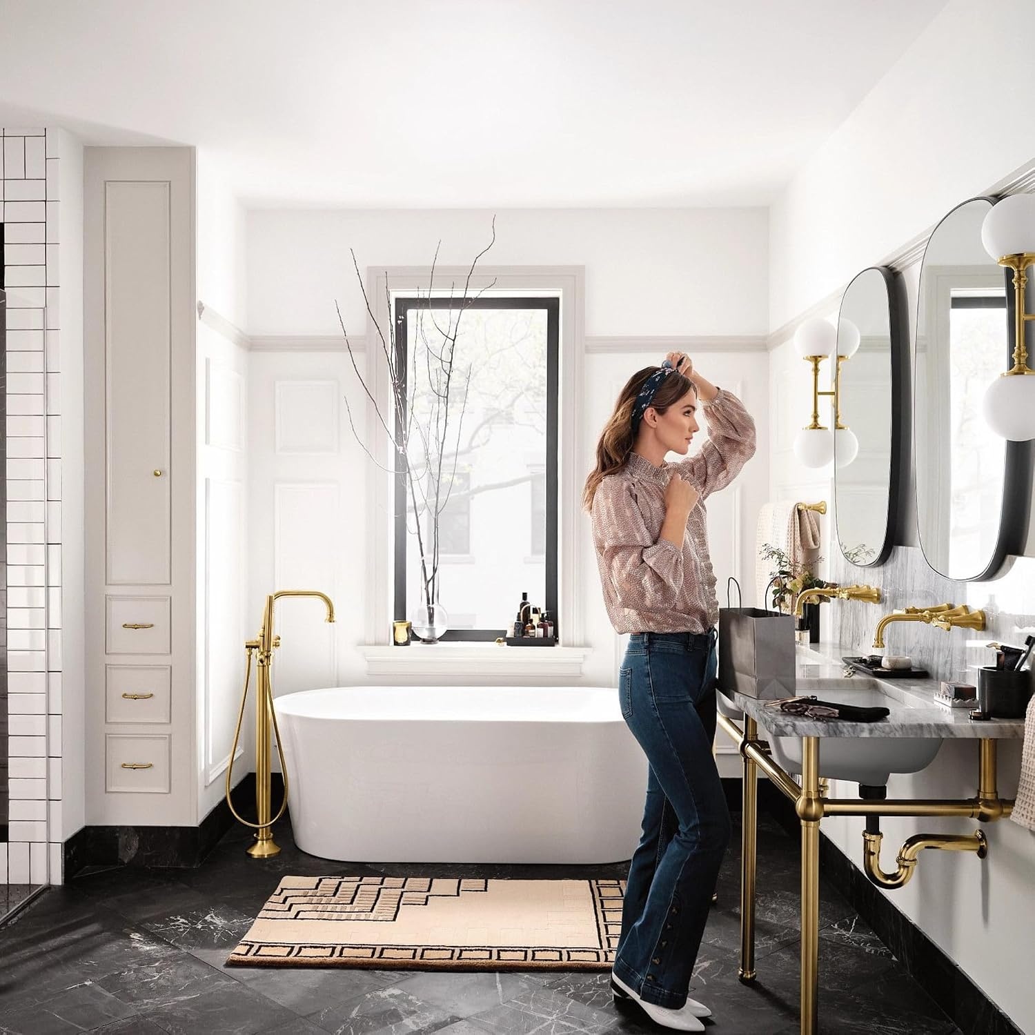 image:imageMoen S44507BG Colinet OneHandle Traditional Freestanding Floor Mount Tub Filler with Handshower Brushed GoldBrushed Gold
