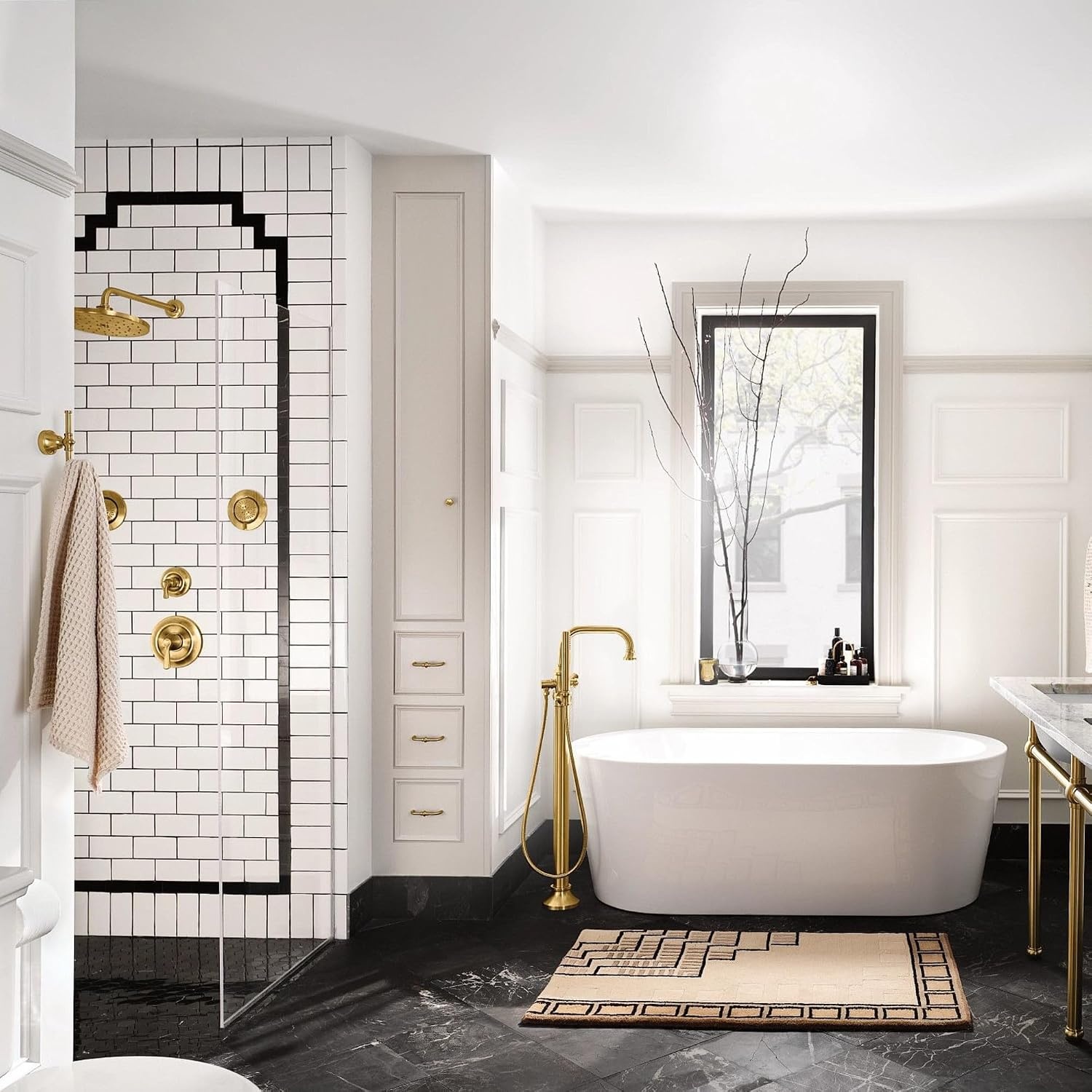 image:imageMoen S44507BG Colinet OneHandle Traditional Freestanding Floor Mount Tub Filler with Handshower Brushed GoldBrushed Gold