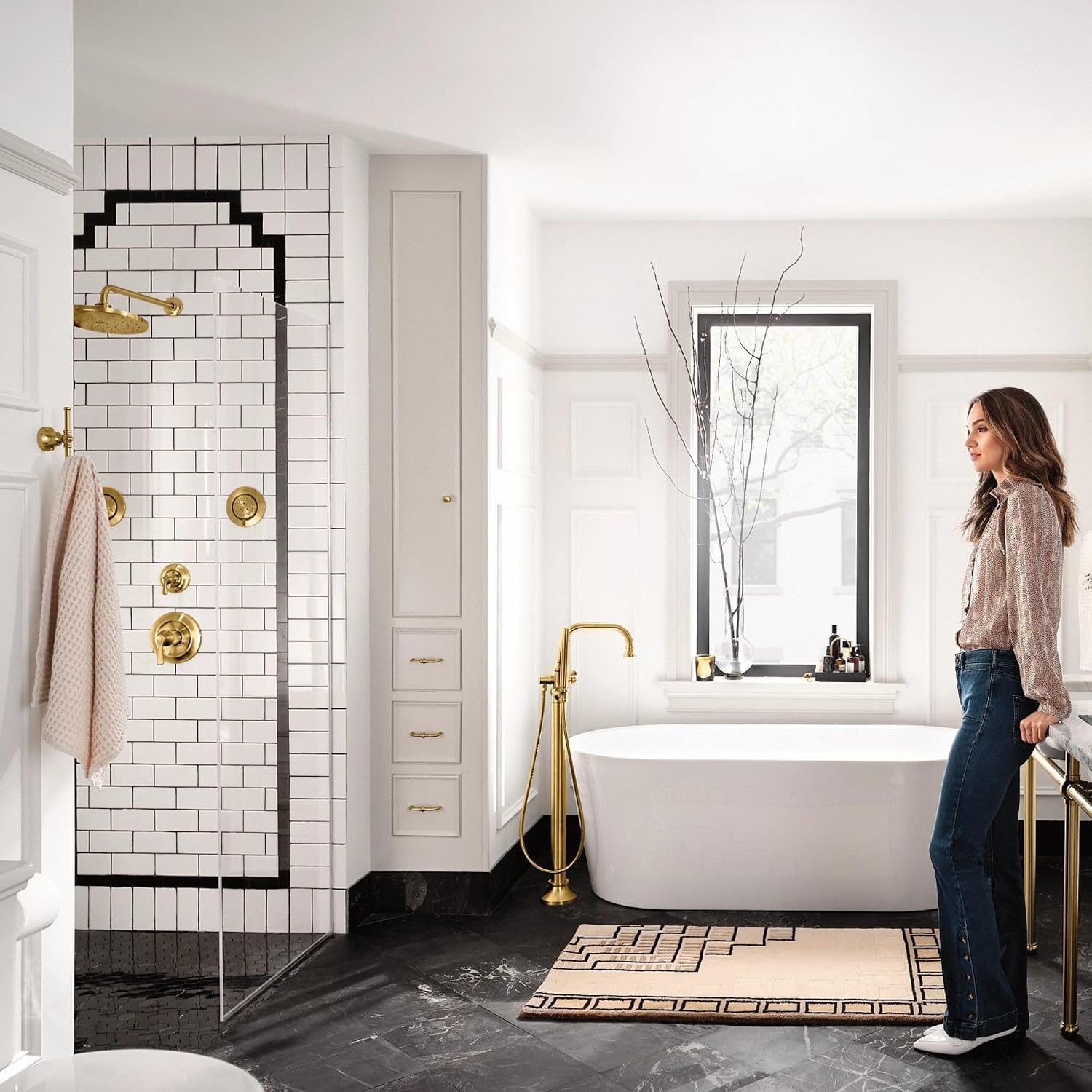 image:imageMoen S44507BG Colinet OneHandle Traditional Freestanding Floor Mount Tub Filler with Handshower Brushed GoldBrushed Gold