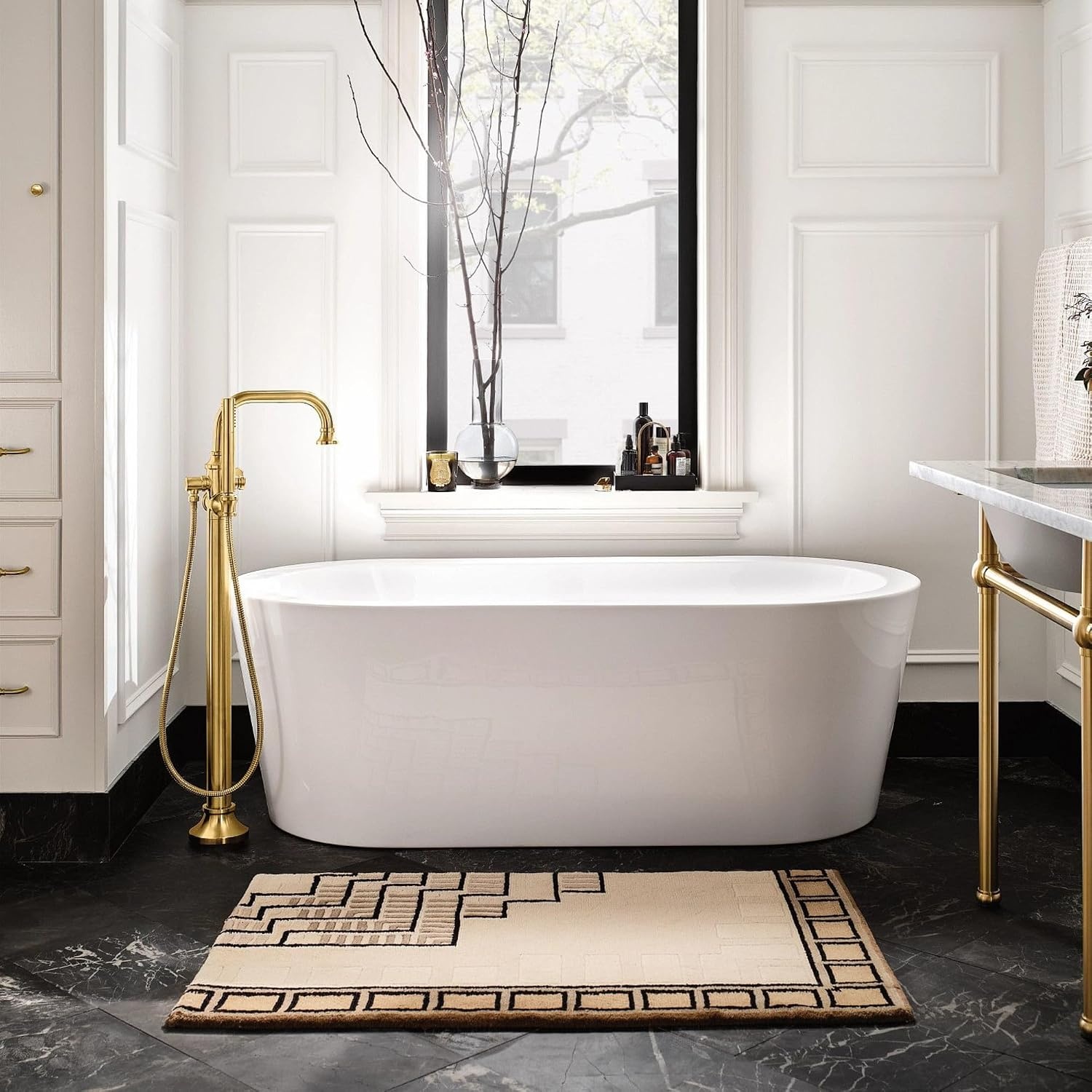 image:imageMoen S44507BG Colinet OneHandle Traditional Freestanding Floor Mount Tub Filler with Handshower Brushed GoldBrushed Gold