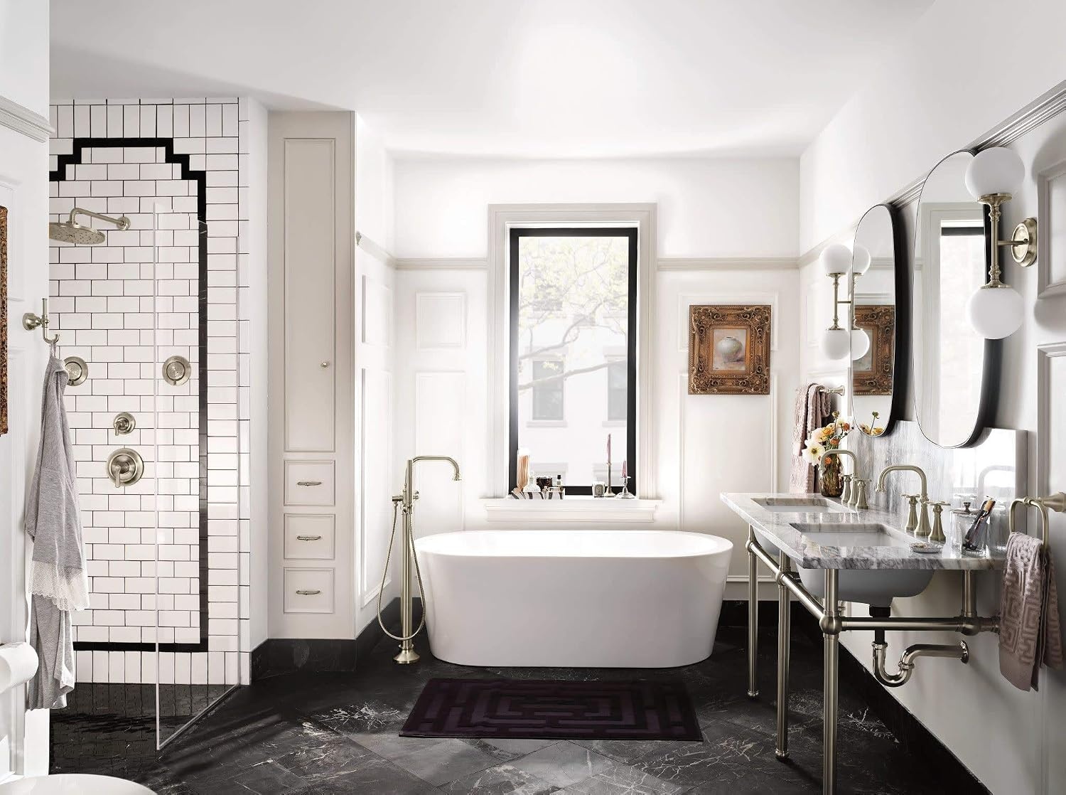 image:imageMoen S44507BG Colinet OneHandle Traditional Freestanding Floor Mount Tub Filler with Handshower Brushed GoldBrushed Nickel
