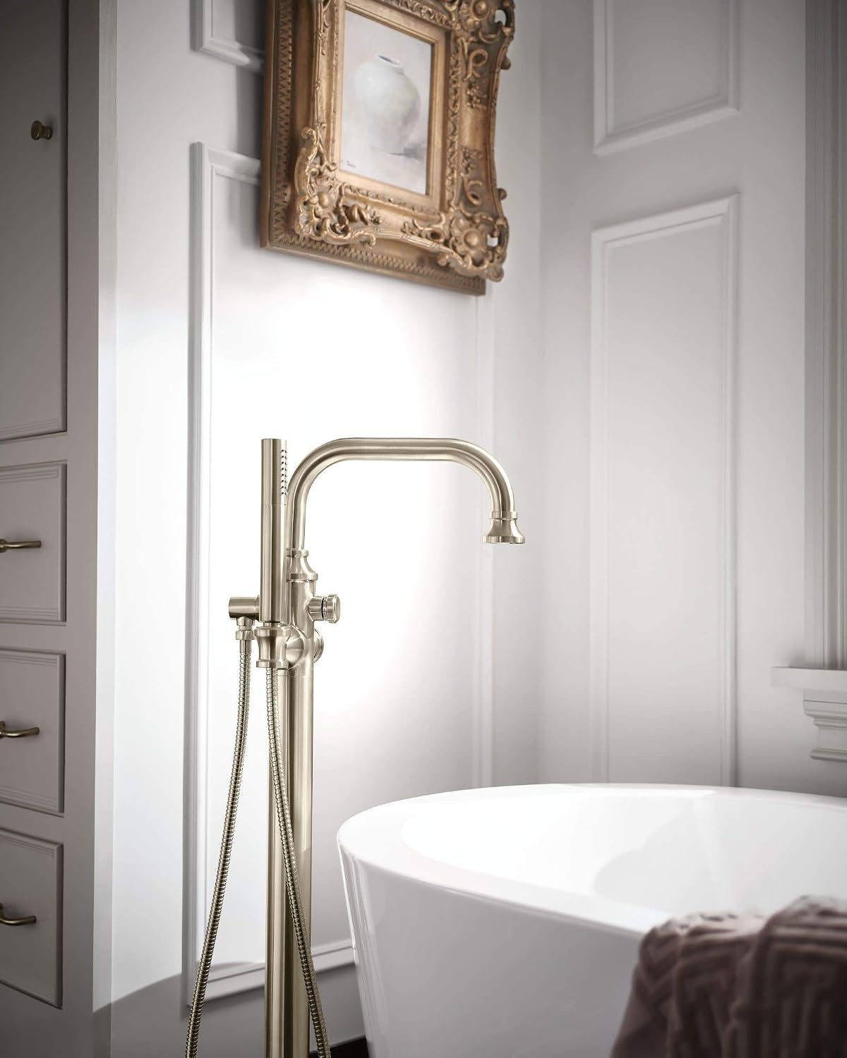 image:imageMoen S44507BG Colinet OneHandle Traditional Freestanding Floor Mount Tub Filler with Handshower Brushed GoldBrushed Nickel