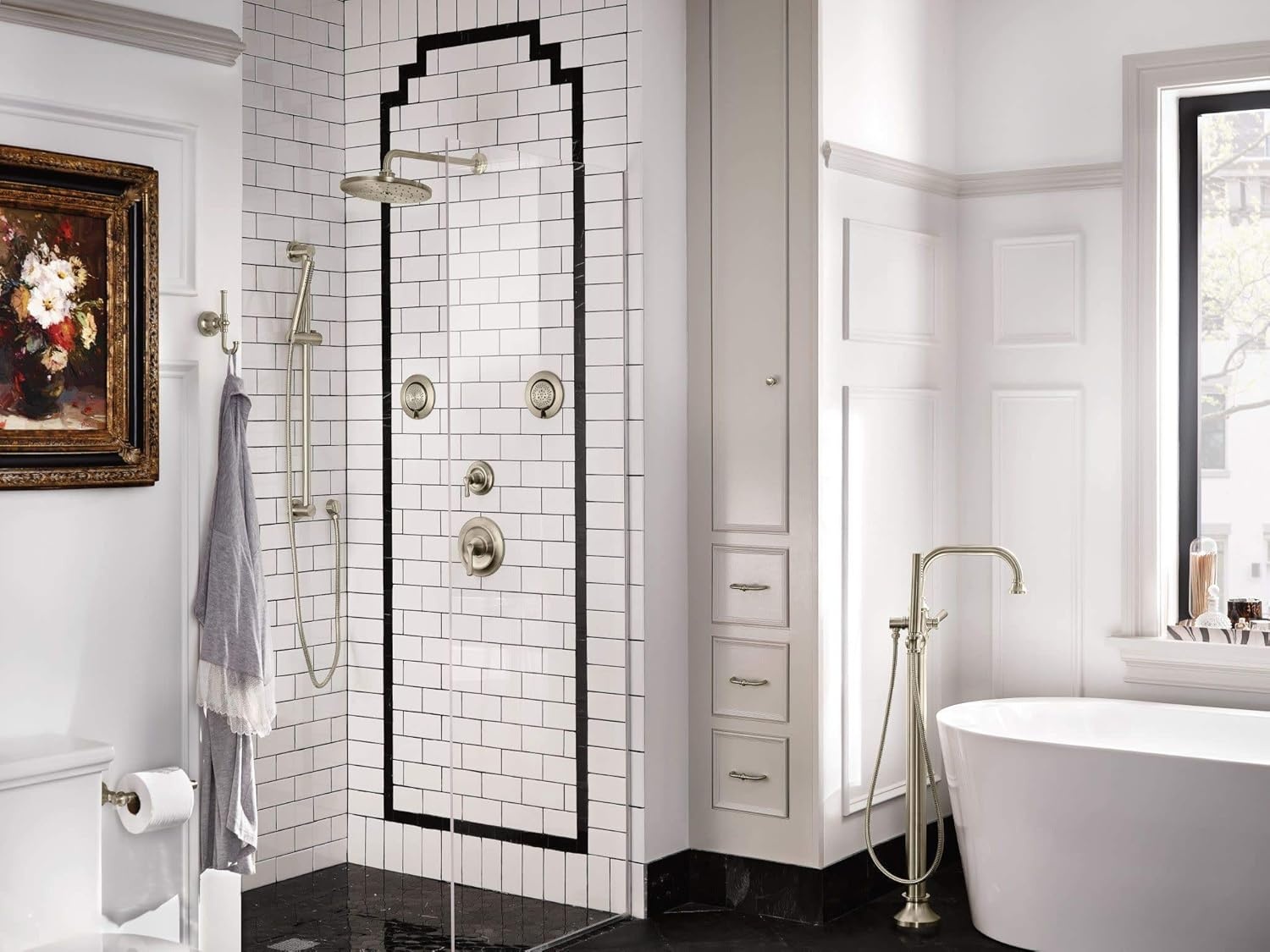 image:imageMoen S44507BG Colinet OneHandle Traditional Freestanding Floor Mount Tub Filler with Handshower Brushed GoldBrushed Nickel