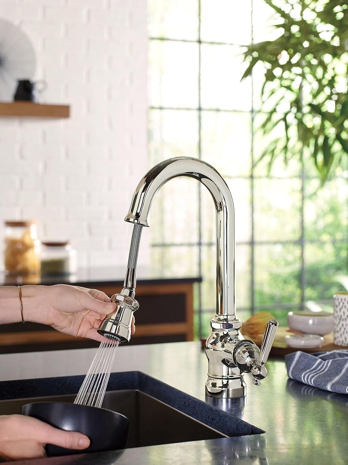 image:imageMoen S52003BL Paterson OneHandle Pulldown Bar Faucet with Power Clean Includes Interchangeable Handle Matte BlackChrome