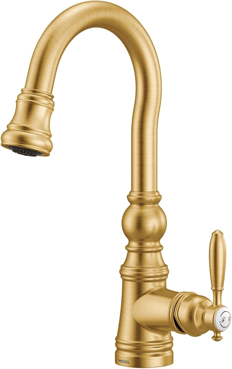 image:imageMoen S53004SRS Weymouth Shepherds Hook Pulldown Kitchen Bar Faucet Featuring Metal Wand with Power Clean Spot Resist StainlessBrushed Gold