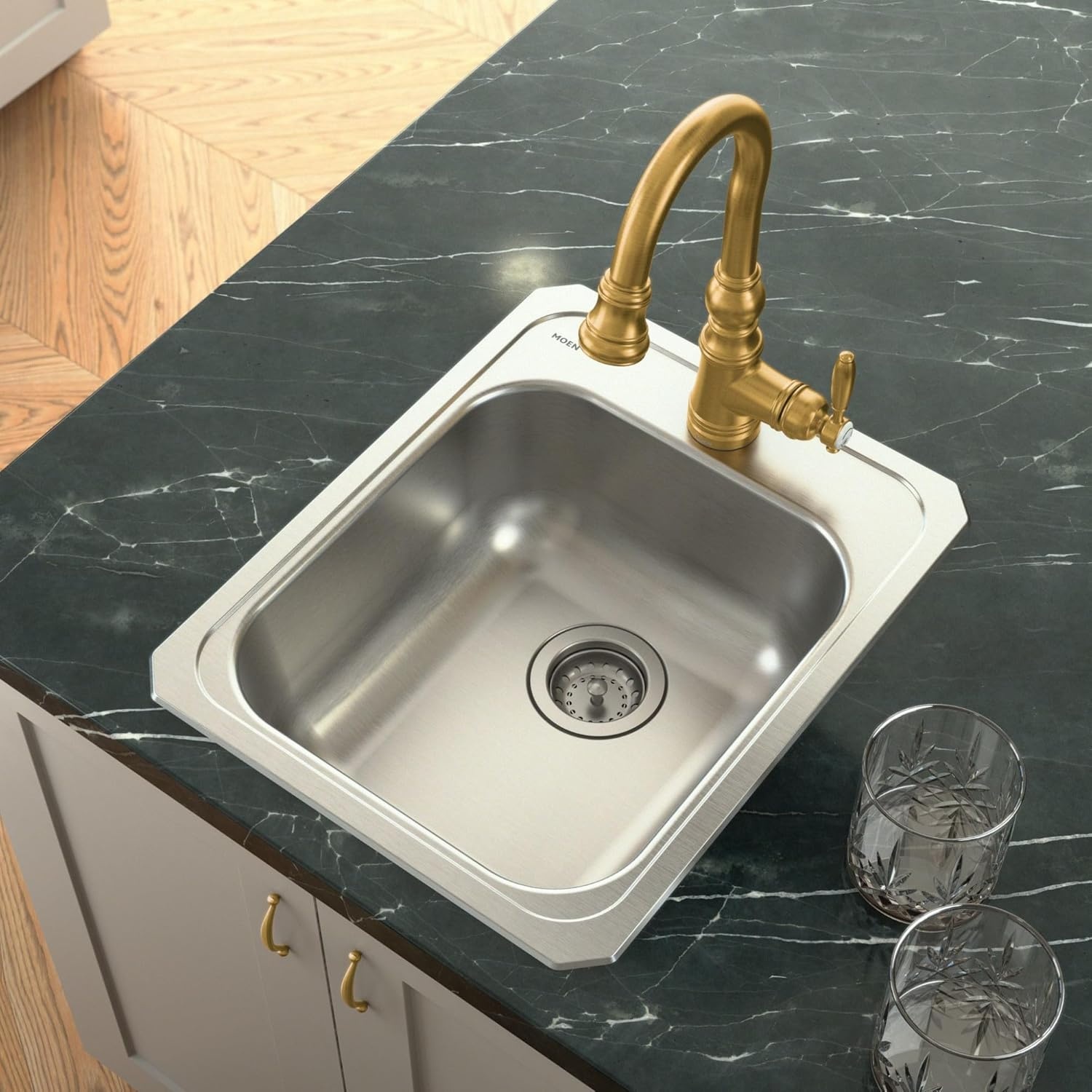 image:imageMoen S53004SRS Weymouth Shepherds Hook Pulldown Kitchen Bar Faucet Featuring Metal Wand with Power Clean Spot Resist StainlessBrushed Gold
