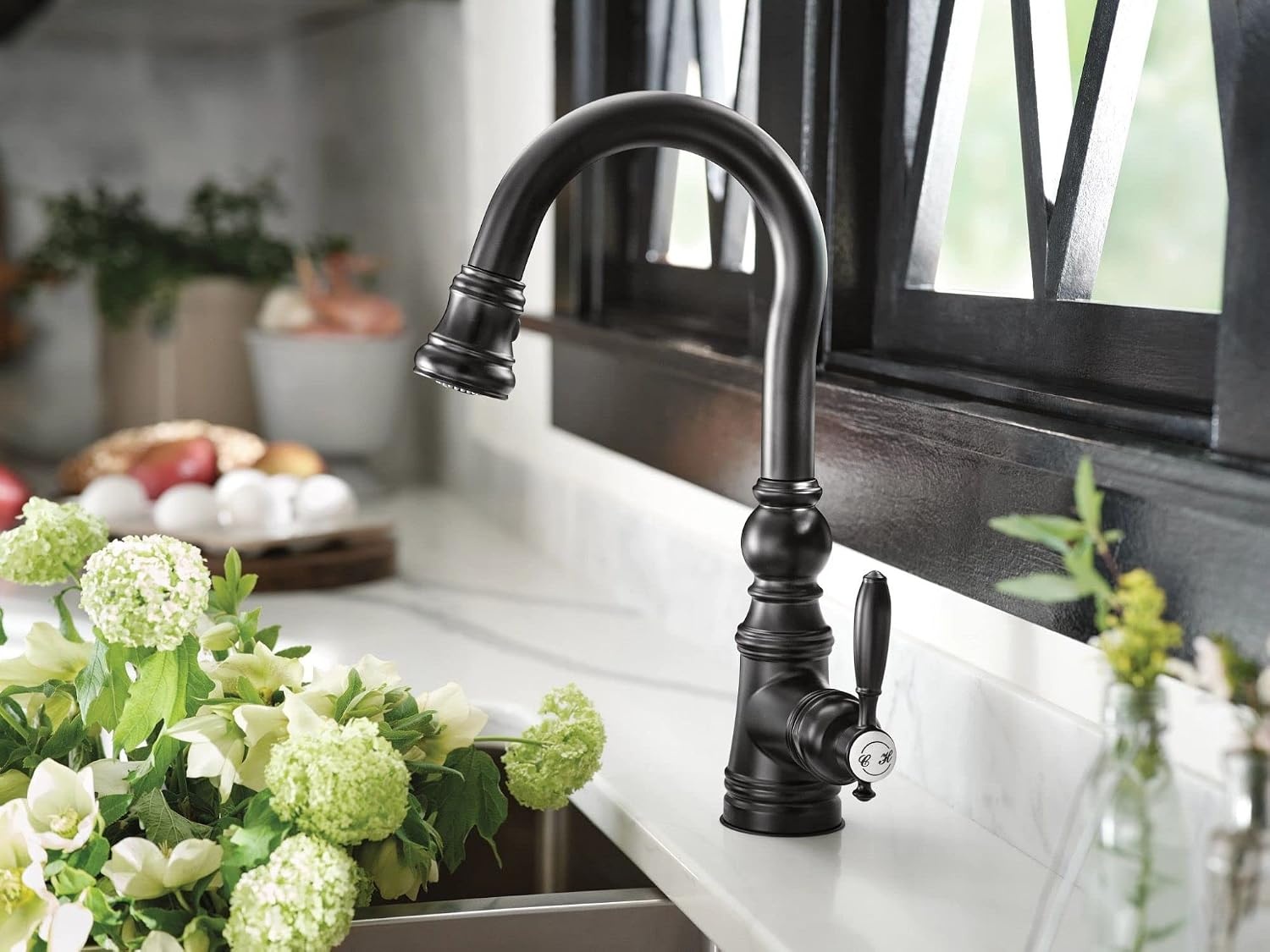 image:imageMoen S53004SRS Weymouth Shepherds Hook Pulldown Kitchen Bar Faucet Featuring Metal Wand with Power Clean Spot Resist StainlessMatte Black