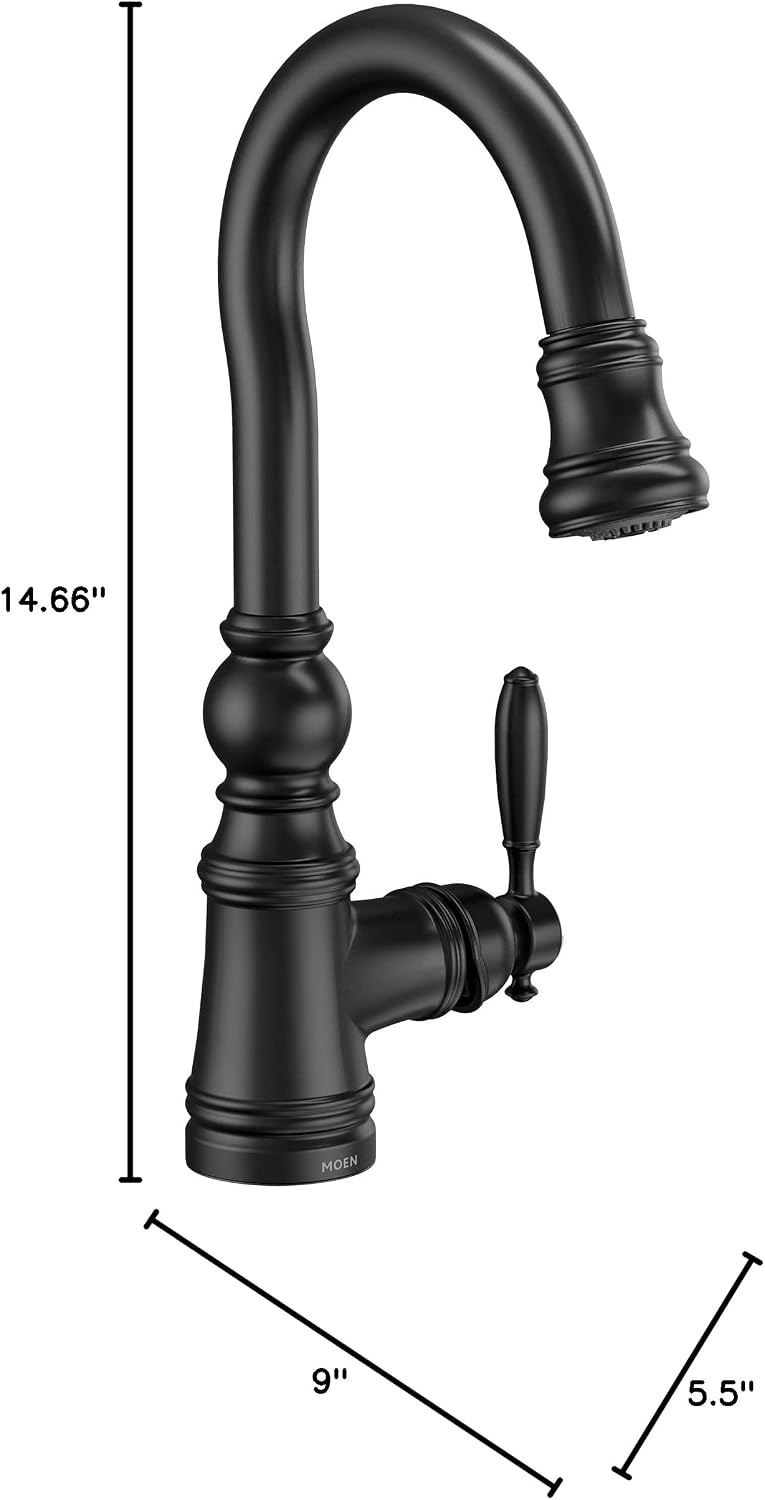 image:imageMoen S53004SRS Weymouth Shepherds Hook Pulldown Kitchen Bar Faucet Featuring Metal Wand with Power Clean Spot Resist StainlessMatte Black