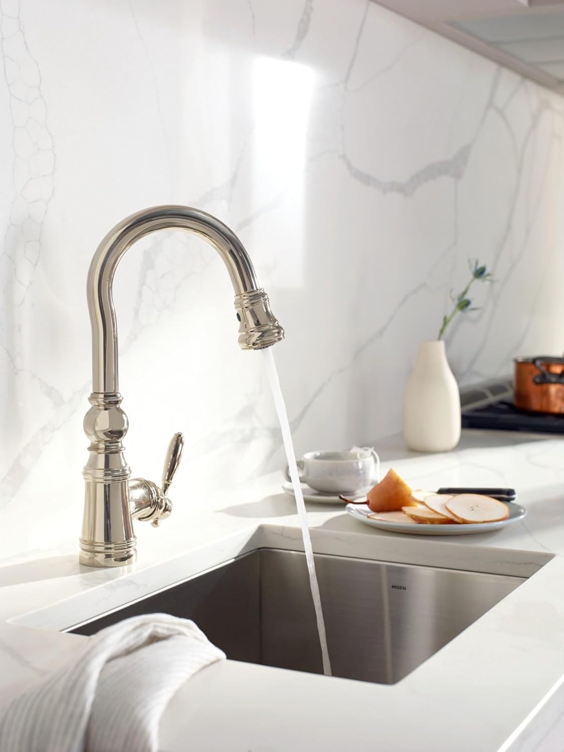 image:imageMoen S53004SRS Weymouth Shepherds Hook Pulldown Kitchen Bar Faucet Featuring Metal Wand with Power Clean Spot Resist StainlessPolished Nickel