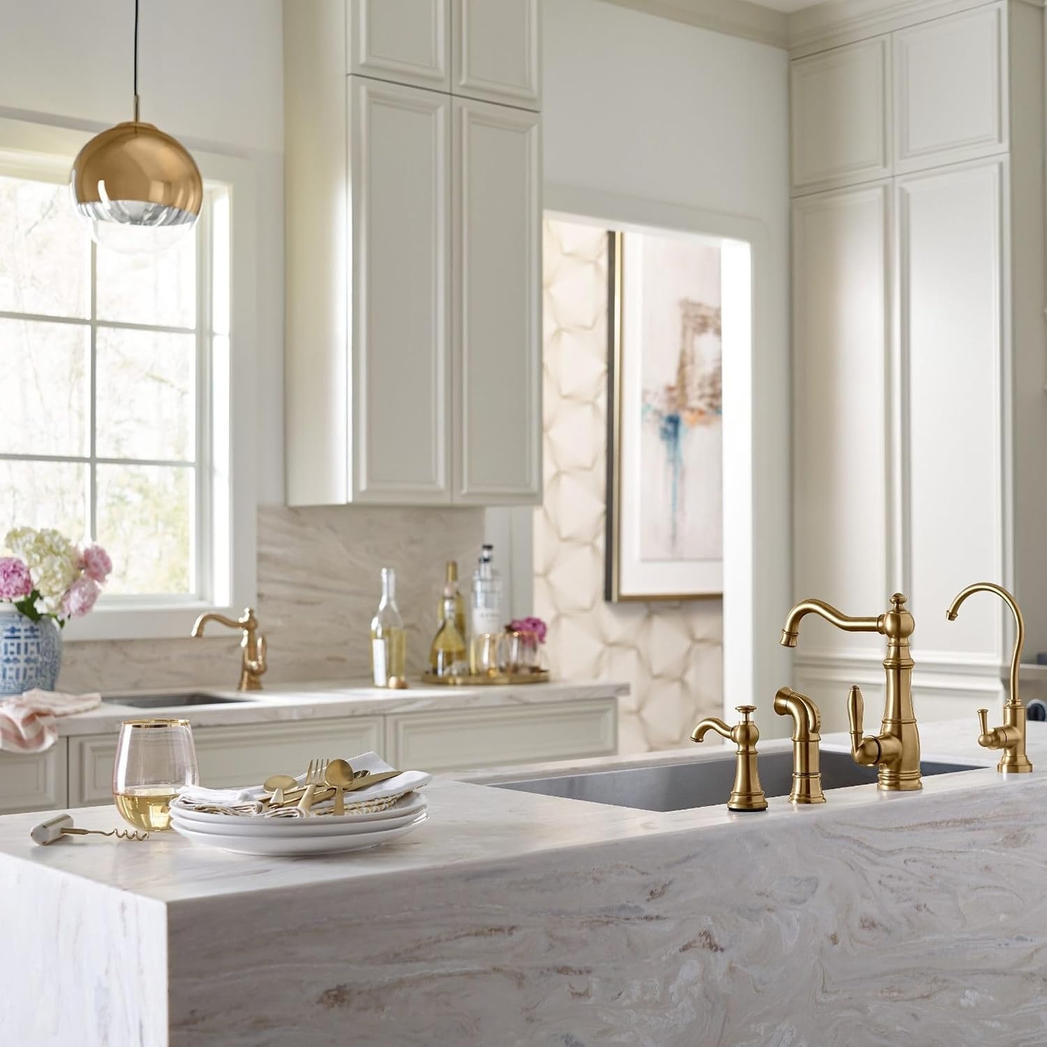 image:imageMoen S664 Traditional Wall Mount Swing Arm Folding Pot Filler Kitchen Faucet ChromeBrushed Gold