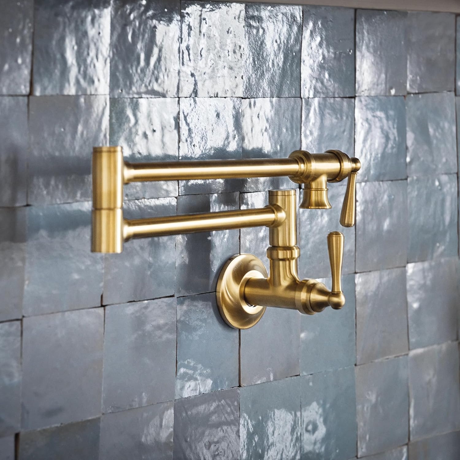 image:imageMoen S664 Traditional Wall Mount Swing Arm Folding Pot Filler Kitchen Faucet ChromeBrushed Gold