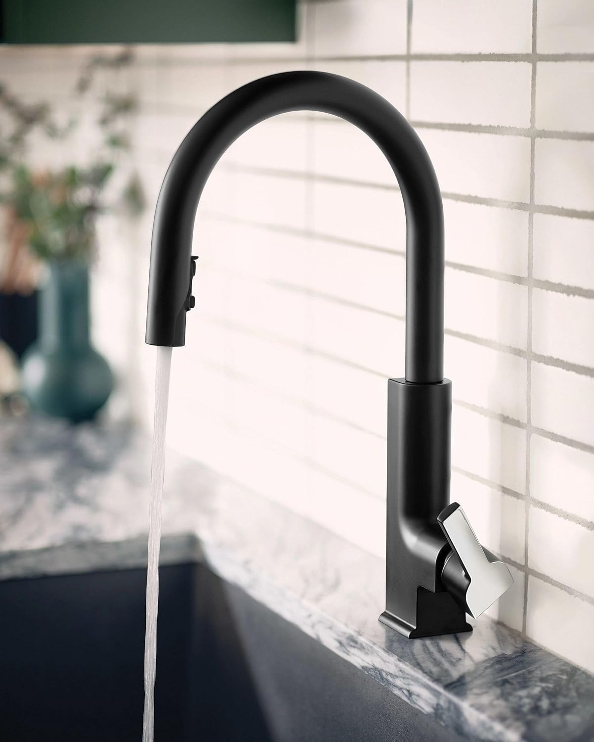 image:imageMoen S72308 STO OneHandle High Arc Pulldown Kitchen Faucet with Power Clean ChromeMatte BlackChrome