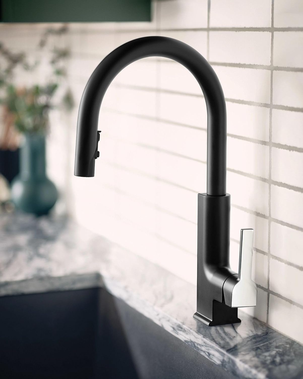 image:imageMoen S72308 STO OneHandle High Arc Pulldown Kitchen Faucet with Power Clean ChromeMatte BlackChrome