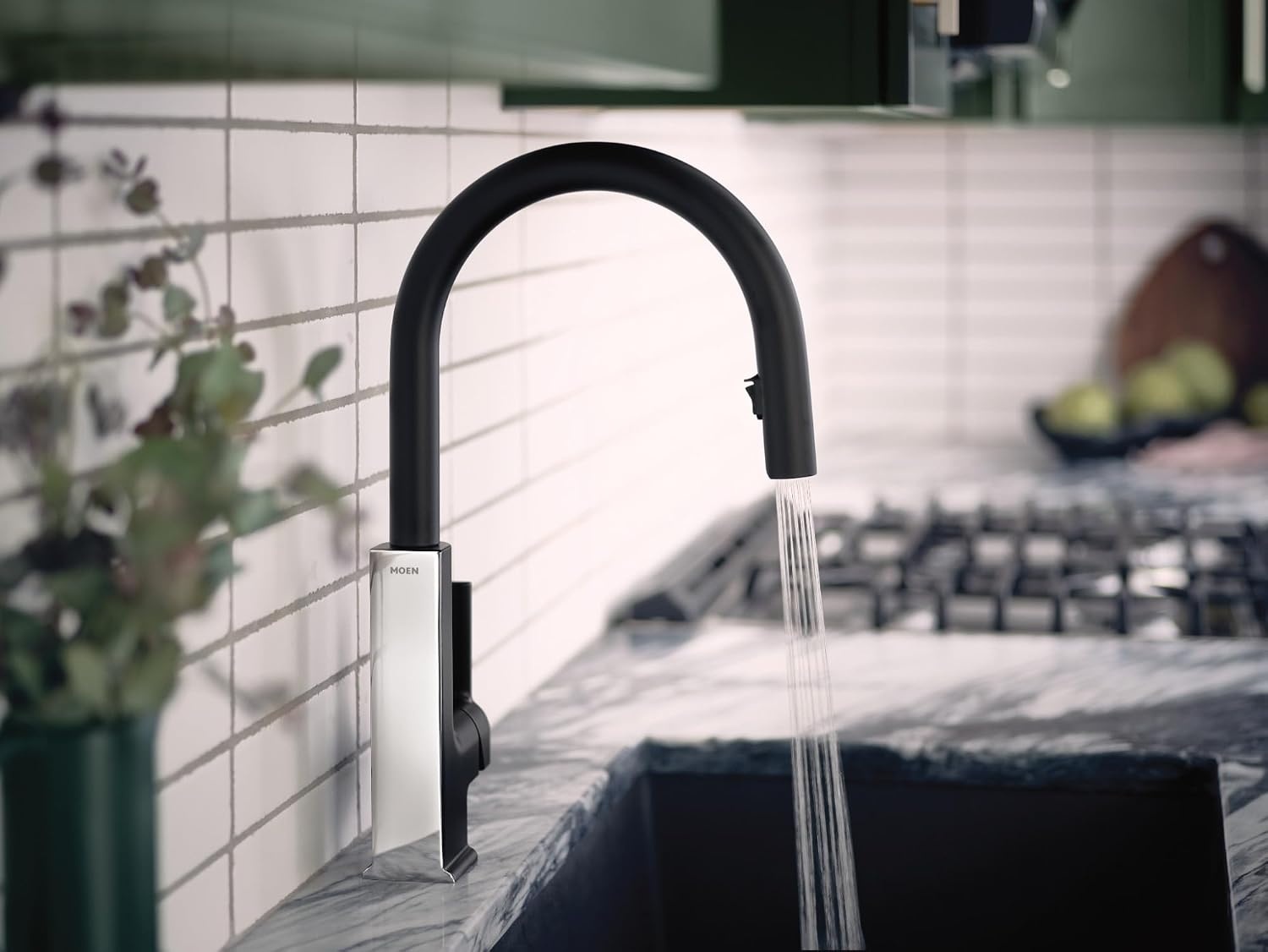 image:imageMoen S72308 STO OneHandle High Arc Pulldown Kitchen Faucet with Power Clean ChromeMatte BlackChrome