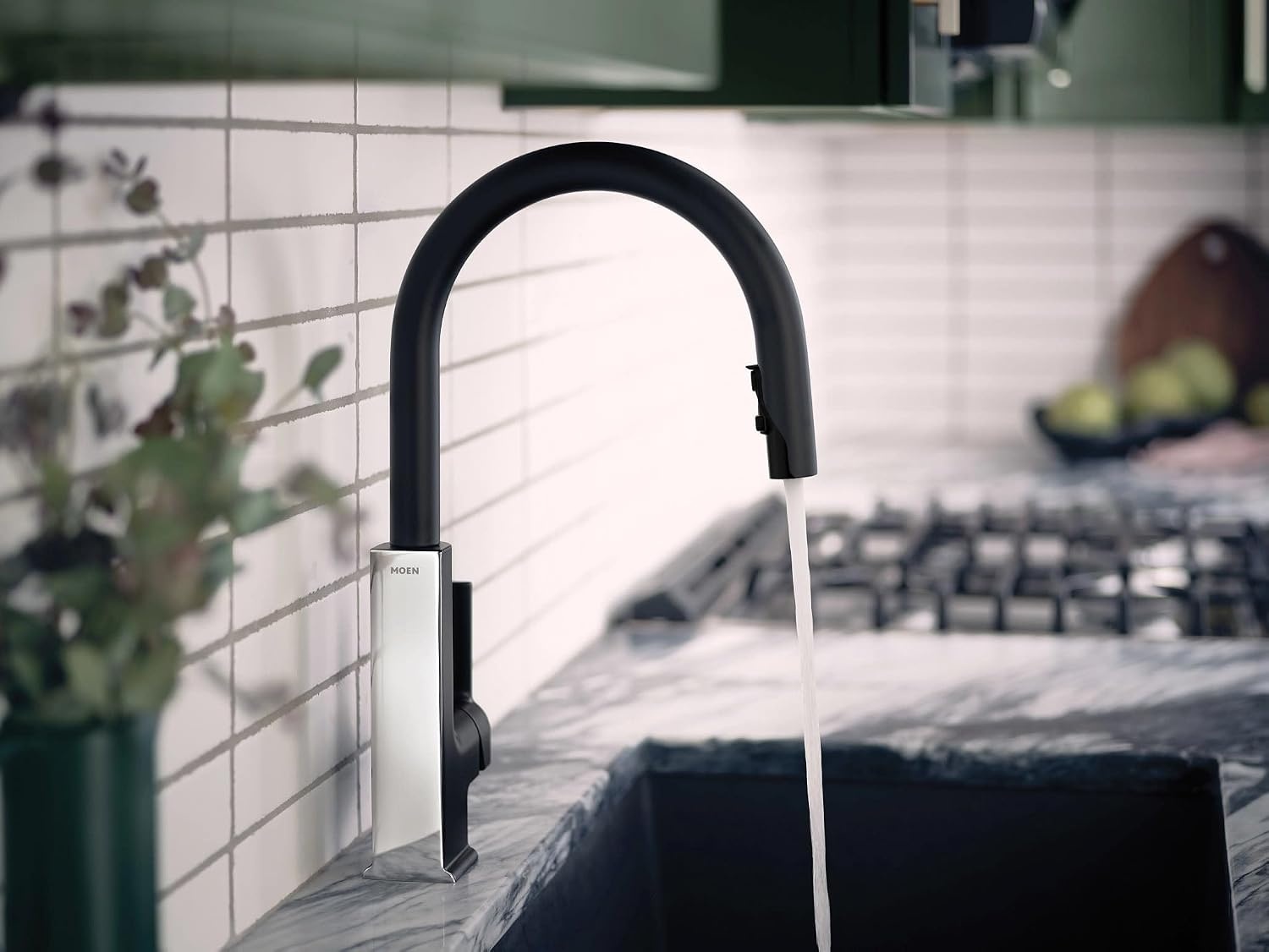 image:imageMoen S72308EVBG STO Smart Touchless Pull Down Sprayer Kitchen Faucet with Voice Control and Power Boost Brushed GoldMatte BlackChrome