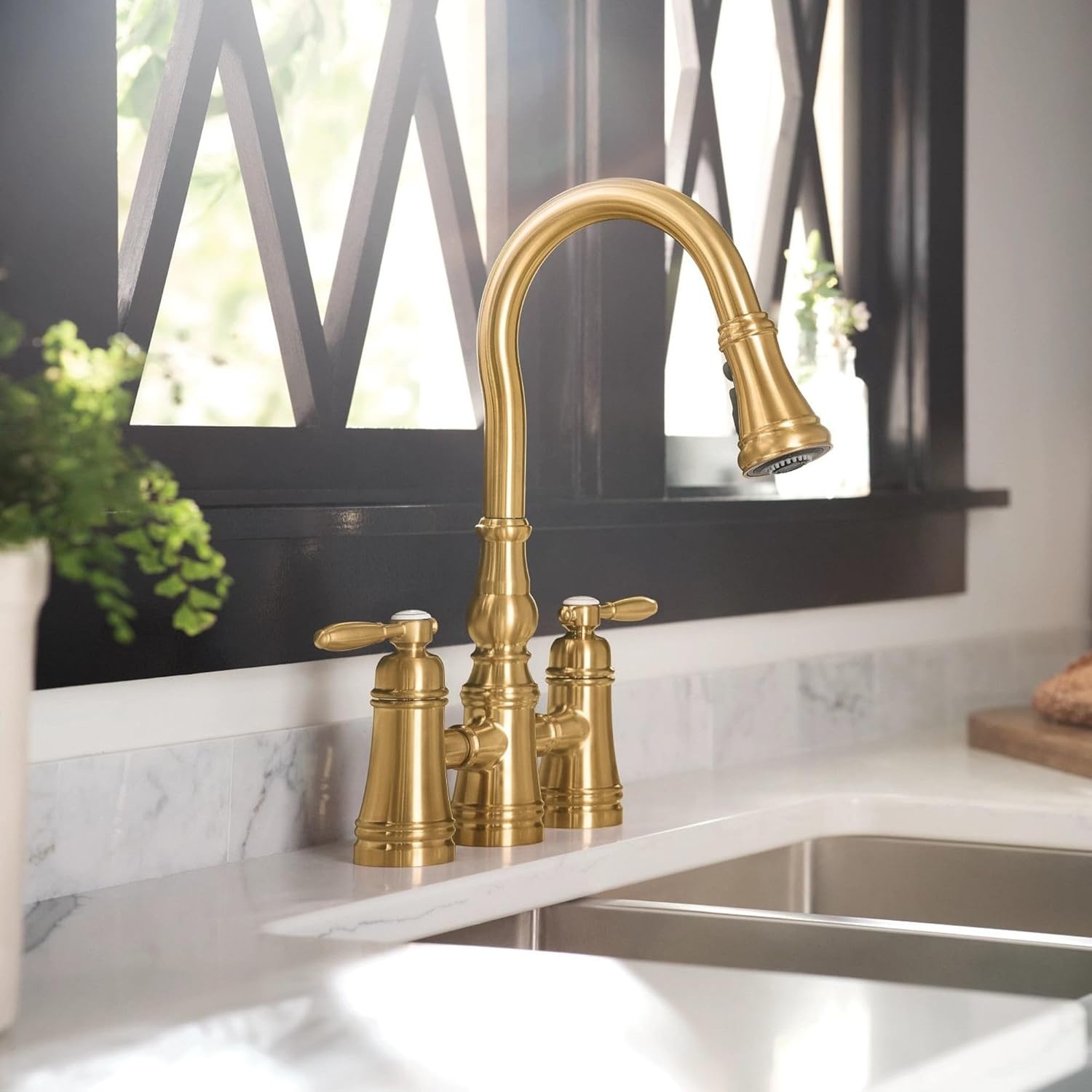 image:imageMoen S73204ORB Weymouth Two Handle Pulldown Bridge Kitchen Faucet Oil Rubbed BronzeBrushed Gold