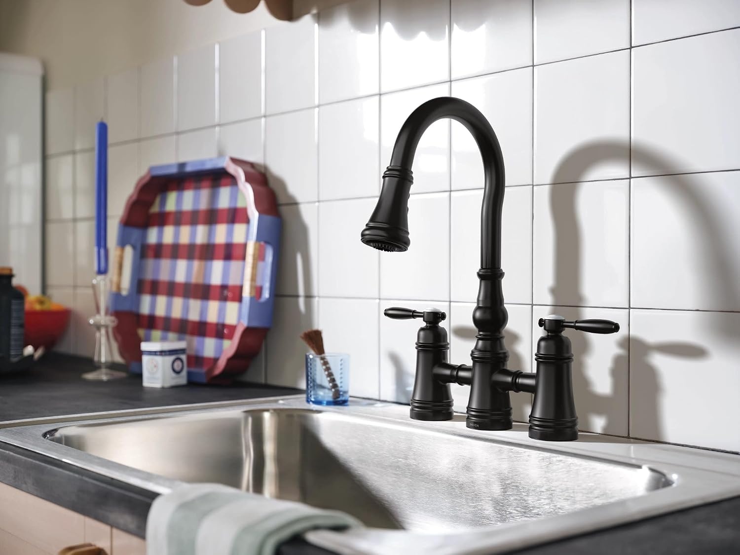 image:imageMoen S73204ORB Weymouth Two Handle Pulldown Bridge Kitchen Faucet Oil Rubbed BronzeMatte Black