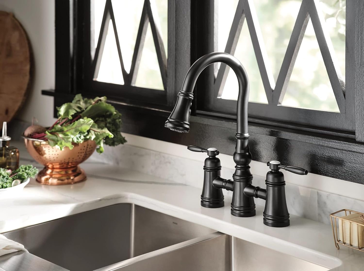 image:imageMoen S73204ORB Weymouth Two Handle Pulldown Bridge Kitchen Faucet Oil Rubbed BronzeMatte Black