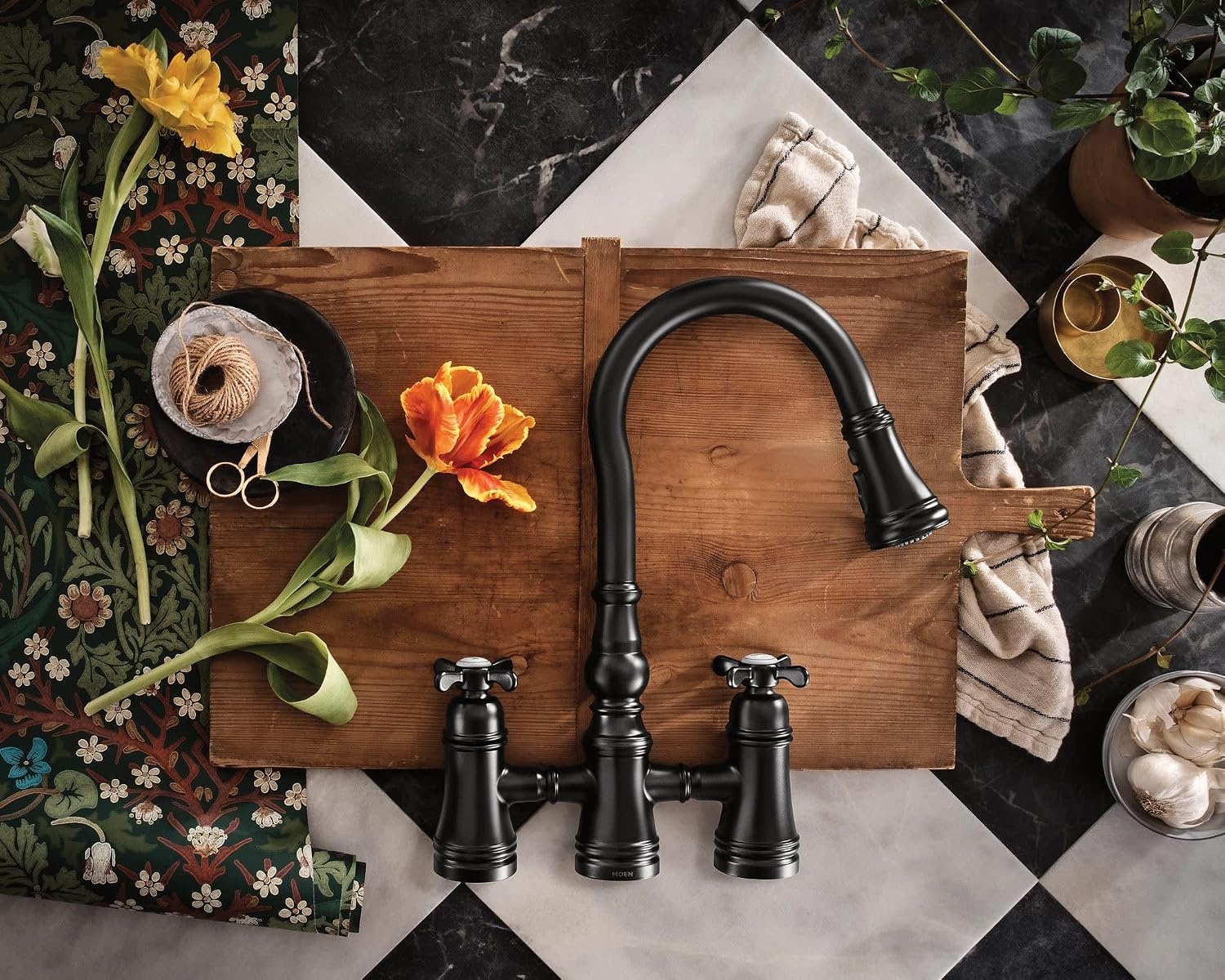 image:imageMoen S73204ORB Weymouth Two Handle Pulldown Bridge Kitchen Faucet Oil Rubbed BronzeMatte Black