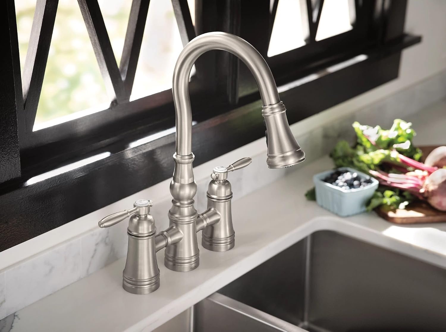 image:imageMoen S73204ORB Weymouth Two Handle Pulldown Bridge Kitchen Faucet Oil Rubbed BronzeSpot Resist Stainless