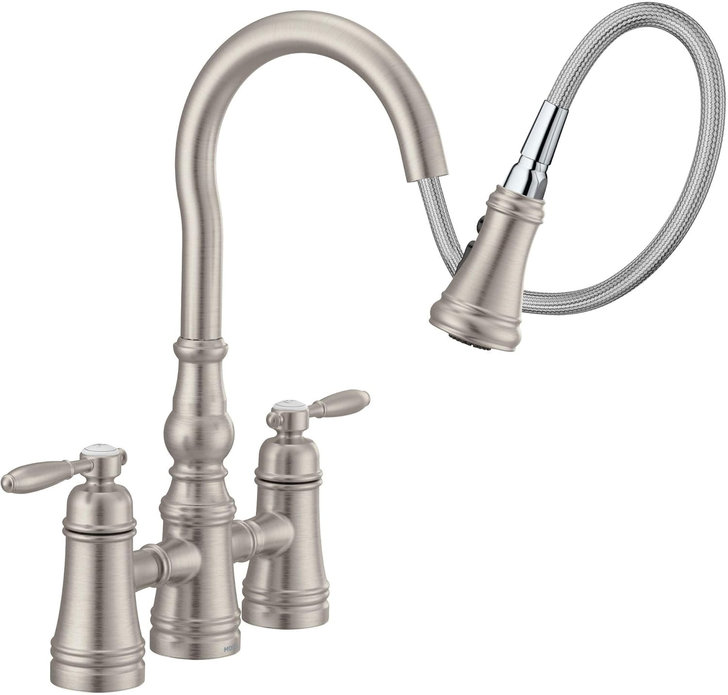 image:imageMoen S73204ORB Weymouth Two Handle Pulldown Bridge Kitchen Faucet Oil Rubbed BronzeSpot Resist Stainless