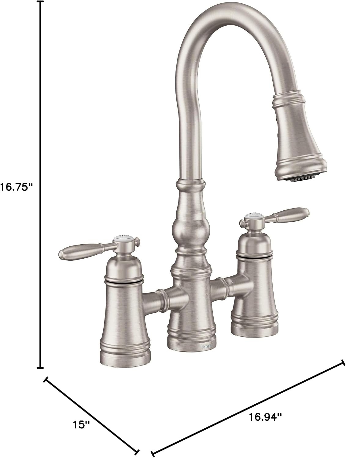 image:imageMoen S73204ORB Weymouth Two Handle Pulldown Bridge Kitchen Faucet Oil Rubbed BronzeSpot Resist Stainless