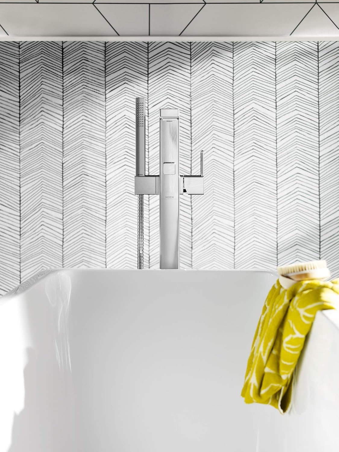 image:imageMoen S905BN 90 Degree OneHandle Freestanding Floor Mount Tub Filler with Handshower Brushed NickelChrome