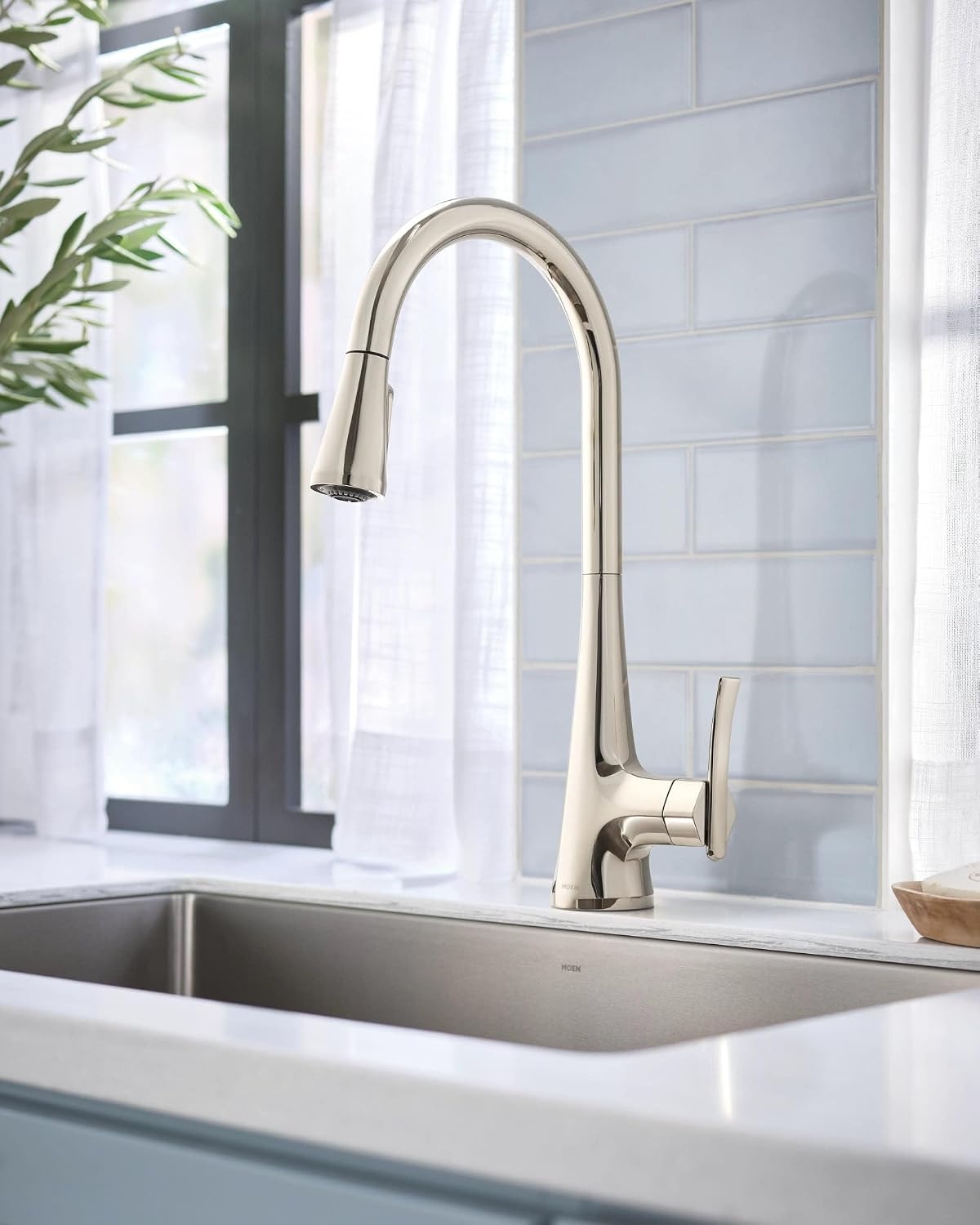 image:imageMoen Sinema Polished Nickel OneHandle High Arc Pulldown Kitchen Faucet featuring Power Boost and Reflex Accent Handle Included for Customizing S7235NL