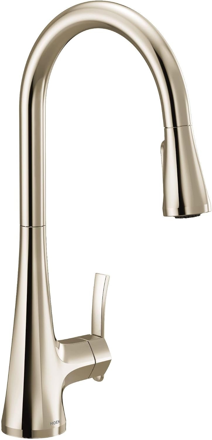 image:imageMoen Sinema Polished Nickel OneHandle High Arc Pulldown Kitchen Faucet featuring Power Boost and Reflex Accent Handle Included for Customizing S7235NL